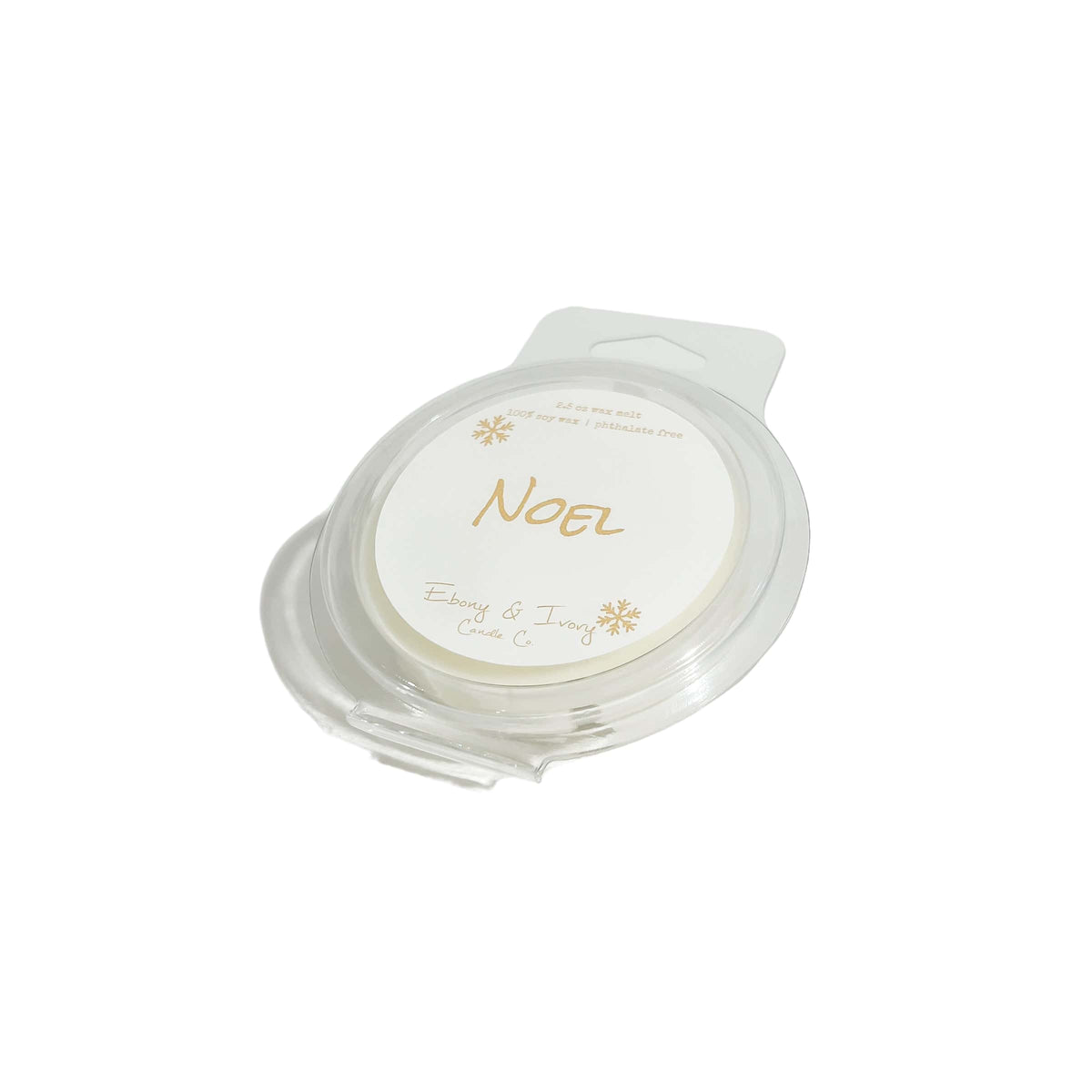 A clear 2.5oz clamshell scented soy wax melt with a white label named Noel, on a white background, made by Ebony & Ivory Candle Co in Lethbridge, Alberta Canada