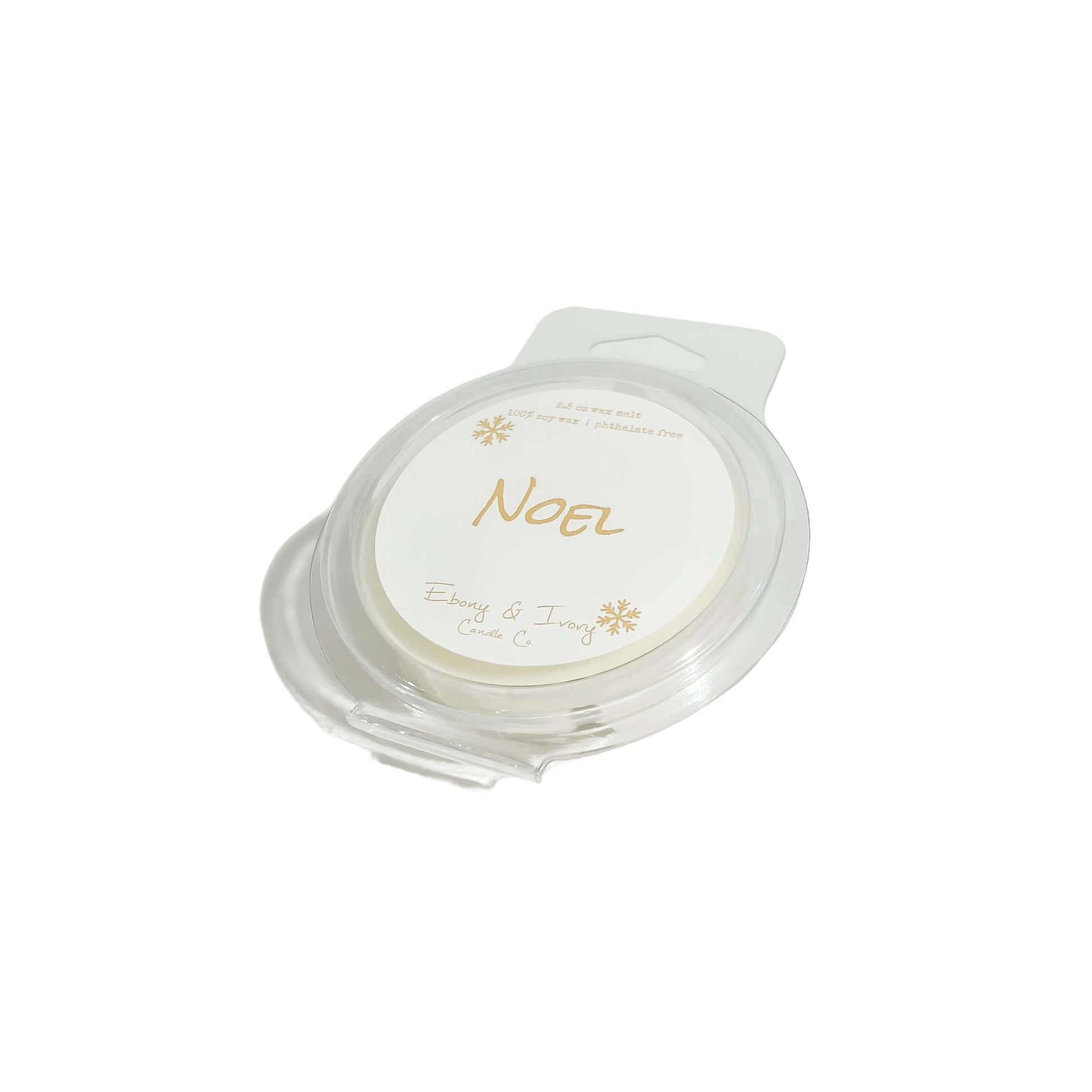 A clear 2.5oz clamshell scented soy wax melt with a white label named Noel, on a white background, made by Ebony & Ivory Candle Co in Lethbridge, Alberta Canada