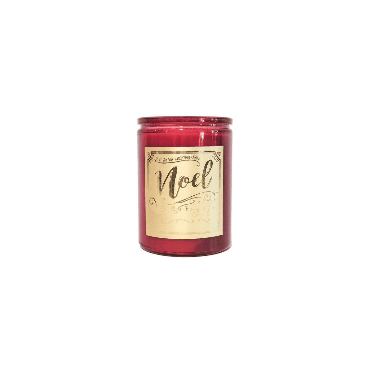 A red 12 oz soy christmas candle with a gold label named "noel"