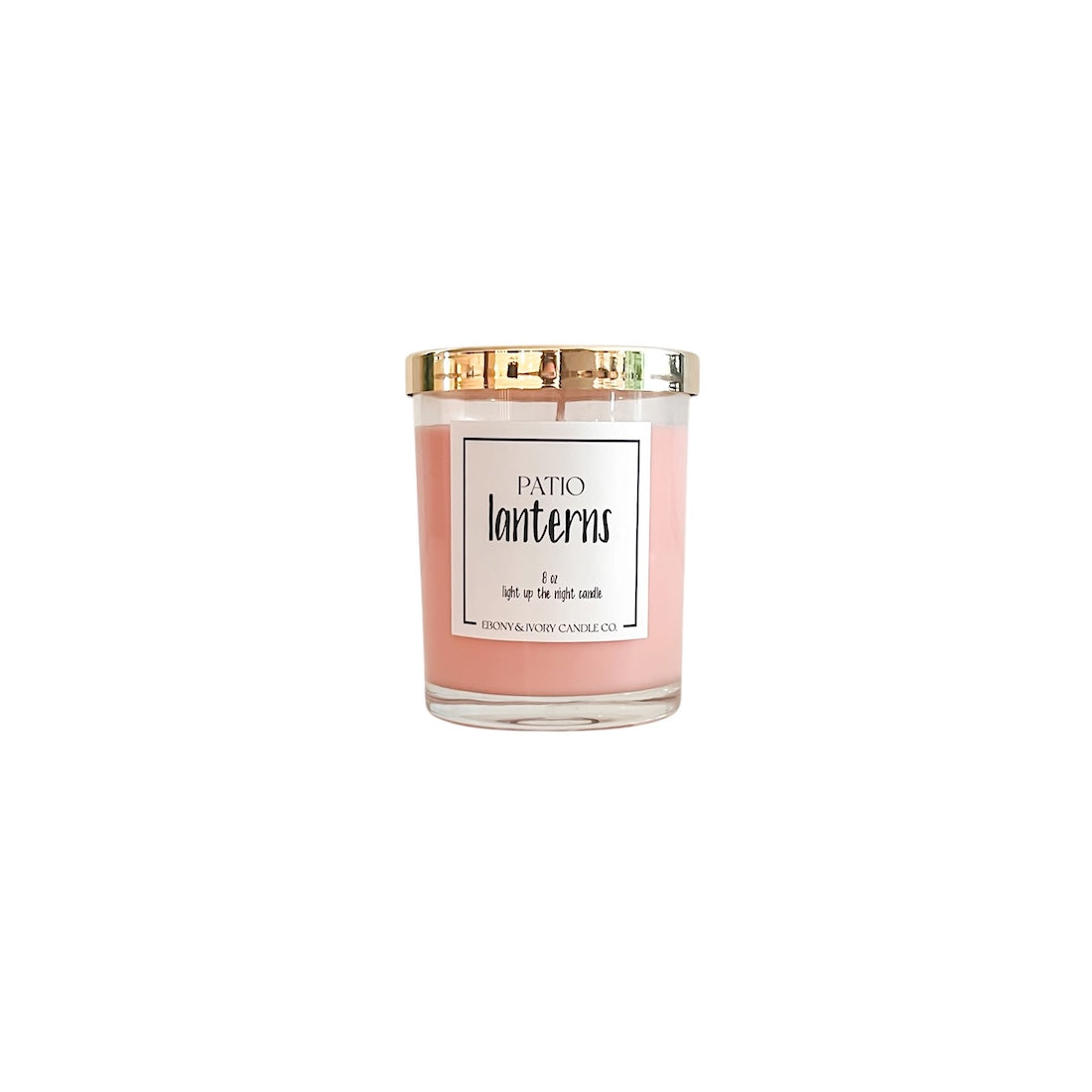 Pink candle with gold lid labeled 'Patio Lanterns' on a white background