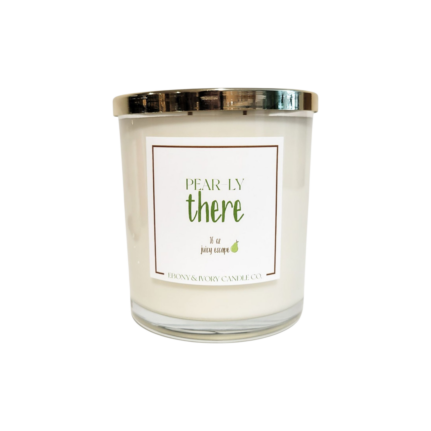 A clear glass 16oz soy candle with a gold lid and a white label named "Pear-ly There," Mae by Ebony & Ivory Candle Co in Lethbridge Alberta Canada
