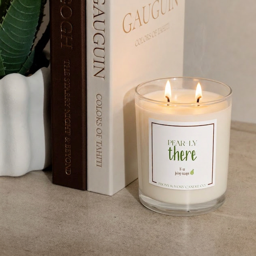 a clear glass 16oz soy candle sitting on table with the wicks lit. The candle has a white label and is named "Pear-ly There"