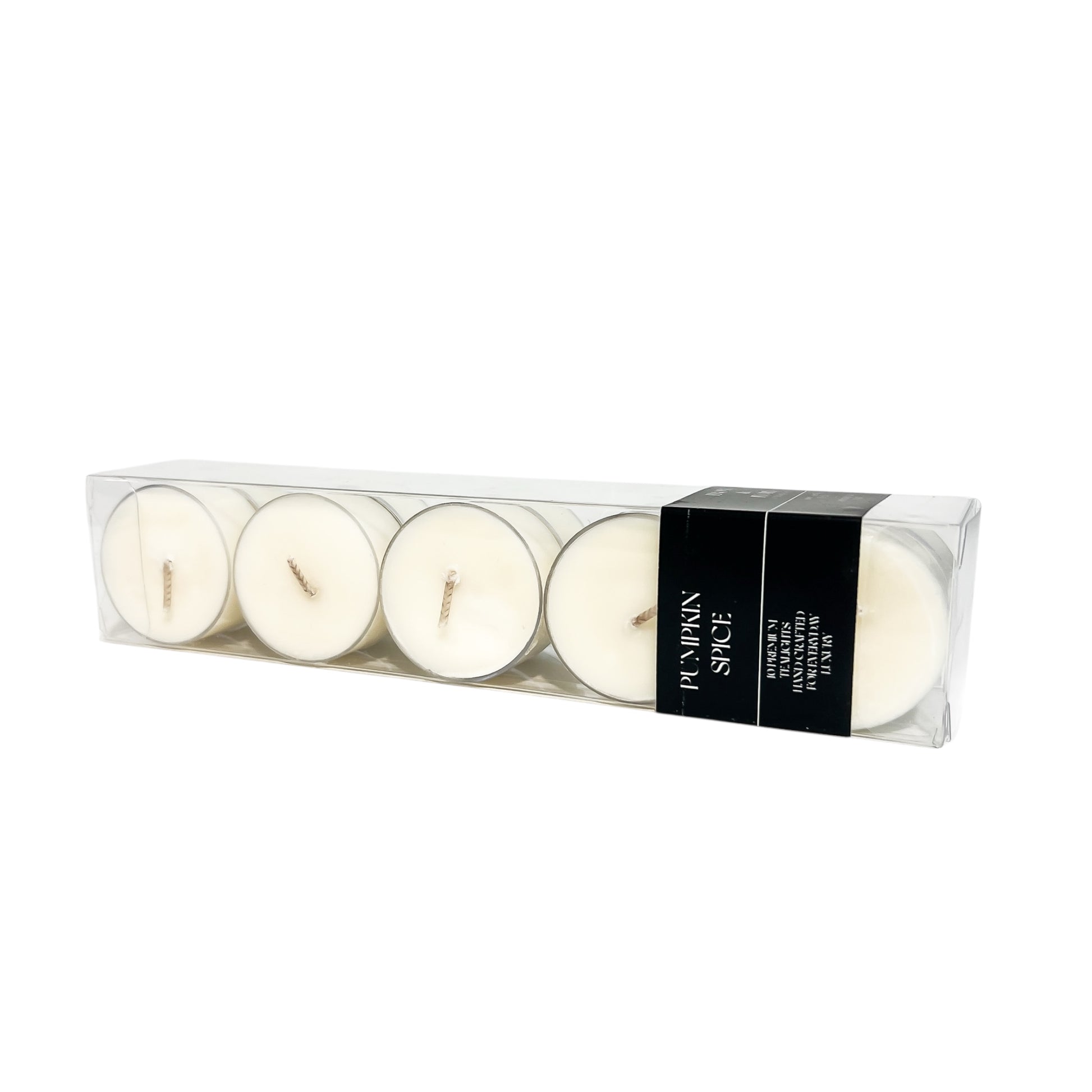 A clear box of 10 soy tea lights with a white label named Pumpkin Spice, on a white background, made by Ebony & Ivory Candle Co in Lethbridge, Alberta, Canada