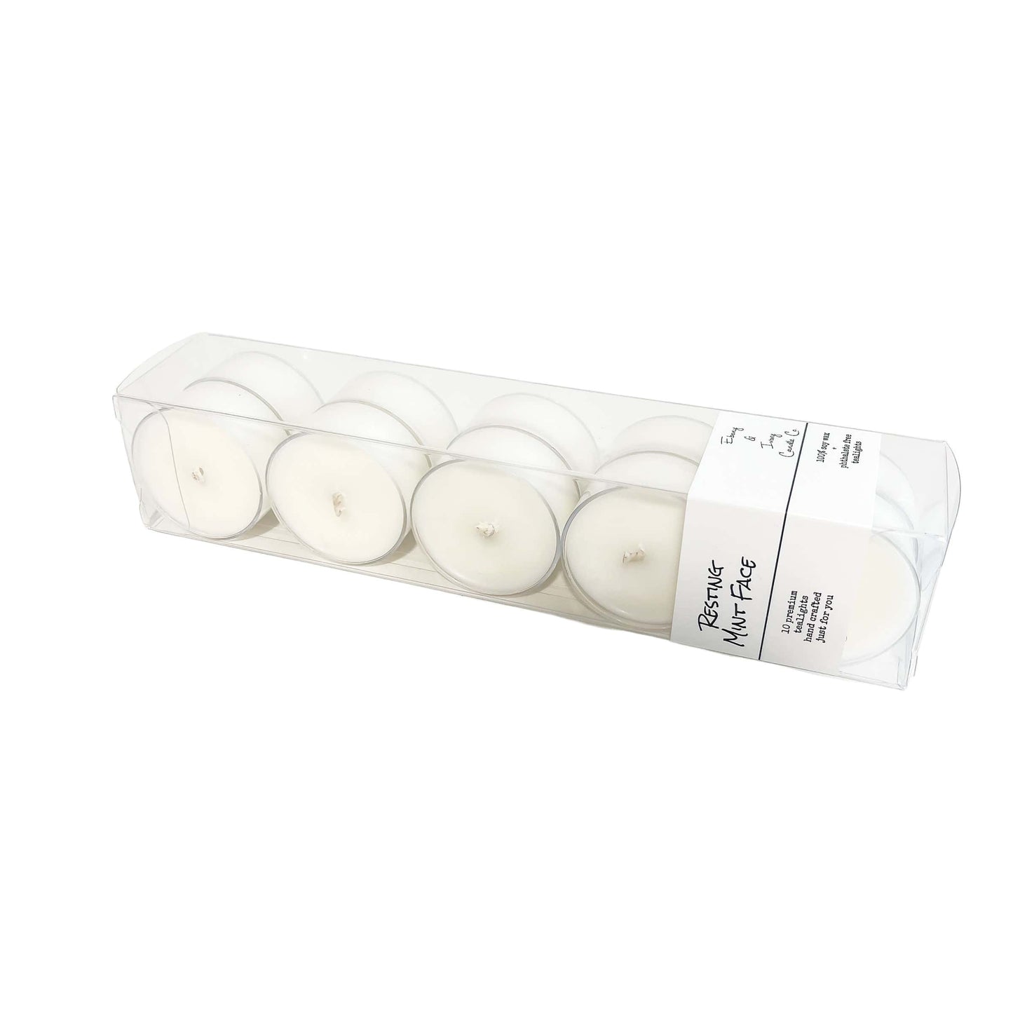A clear box of 10 soy tea lights with a white label named Resting Mint Face, on a white background, made by Ebony & Ivory Candle Co in Lethbridge, Alberta, Canada