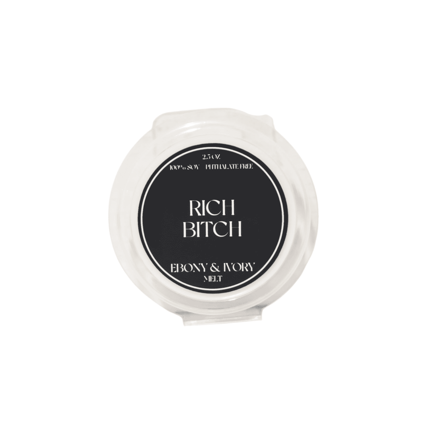 A clear 2.5oz clamshell scented soy wax melt with a black label named Rich Bitch, on a white background, made by Ebony & Ivory Candle Co in Lethbridge, Alberta Canada