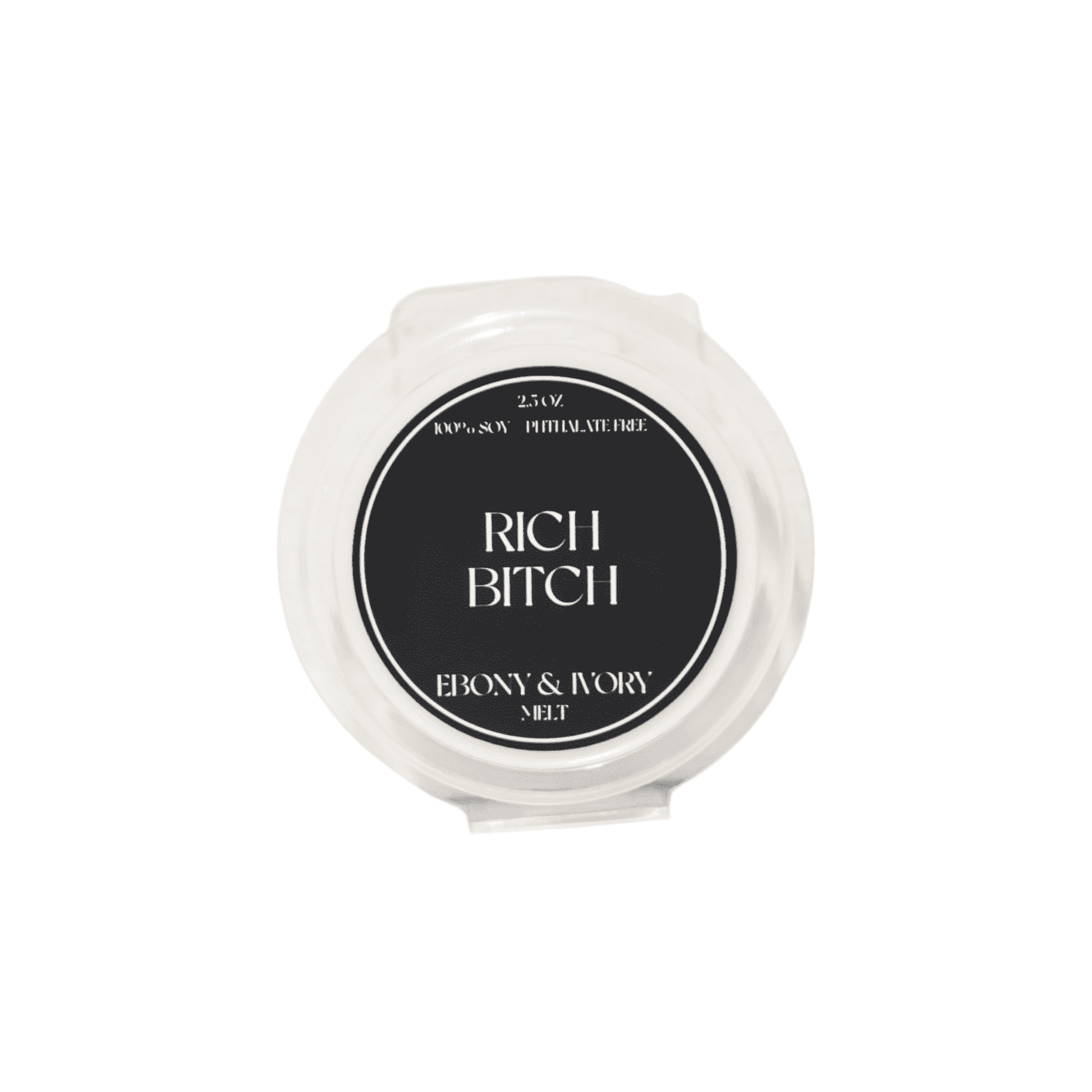 A clear 2.5oz clamshell scented soy wax melt with a black label named Rich Bitch, on a white background, made by Ebony & Ivory Candle Co in Lethbridge, Alberta Canada