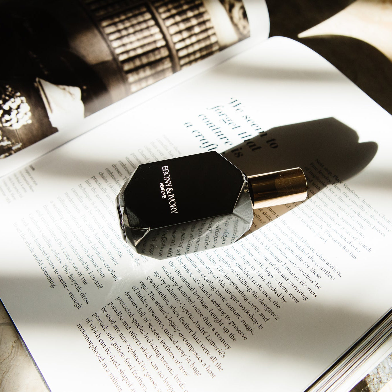 Perfume bottle on an open book with a blurred background