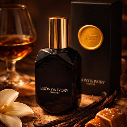 Saint warm gourmand perfume with cognac, praline, hazelnut and vanilla in a rich, sensual setting, luxury fragrance made in Canada
