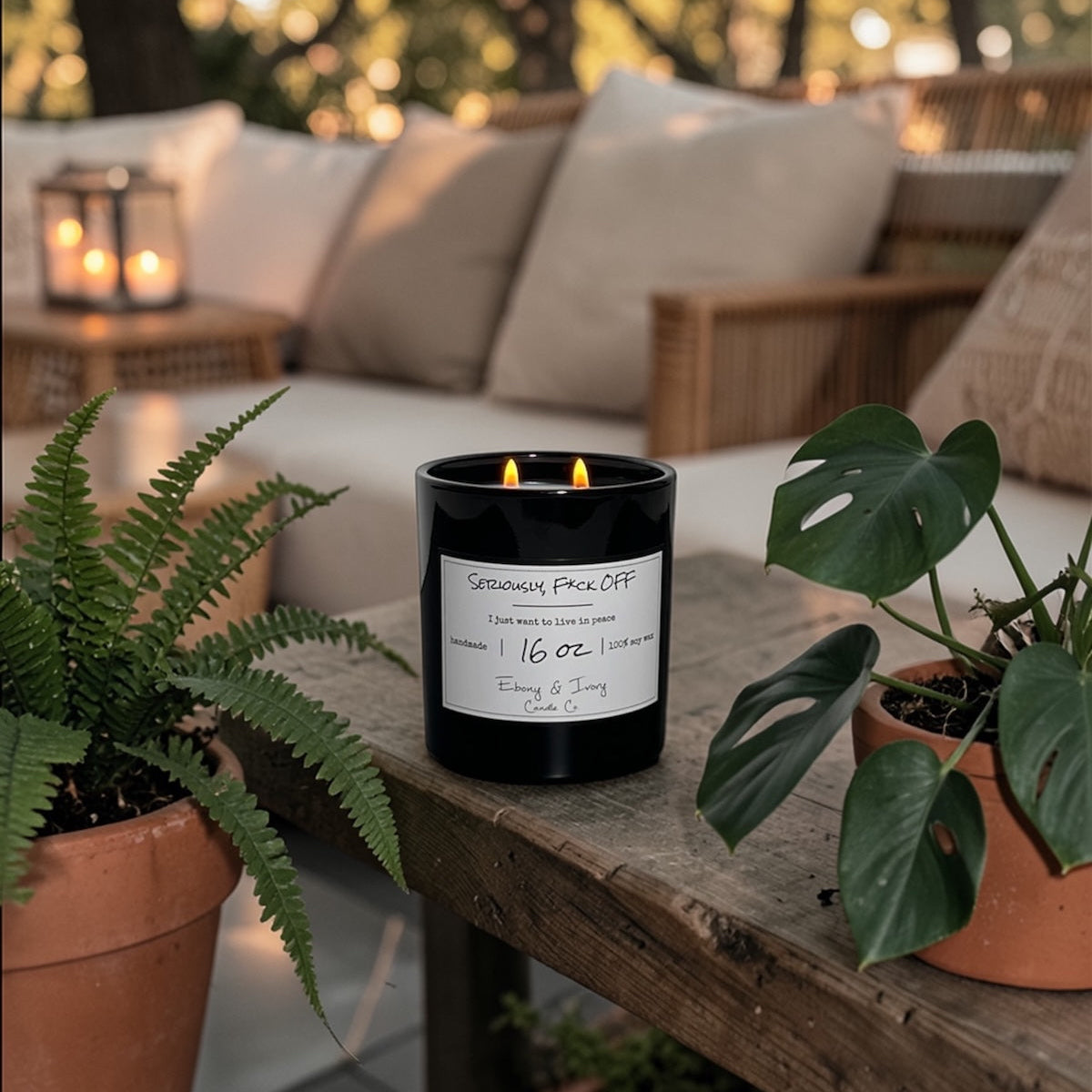 Candle on a table with potted plants and a blurred outdoor background. outdoor citronella soy candle 