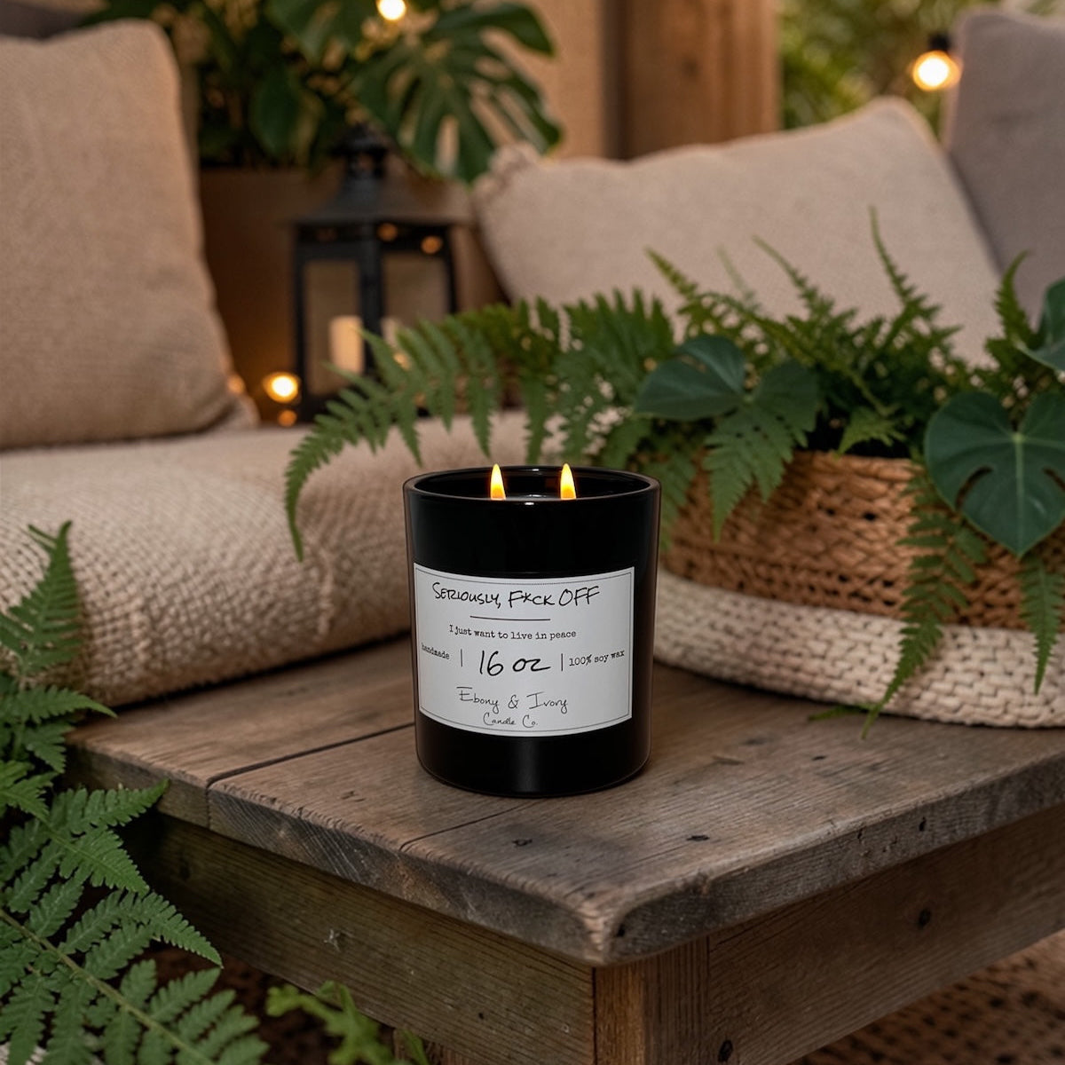 Candle on a wooden table with plants and a couch in the background. outdoor citronella feet free soy candle 