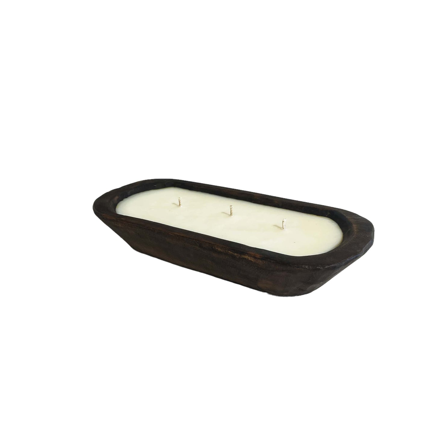 A short brown oval 3 wick dough bowl soy candle on a white background, made by Ebony & Ivory Candle Co in Lethbridge, Alberta, Canada