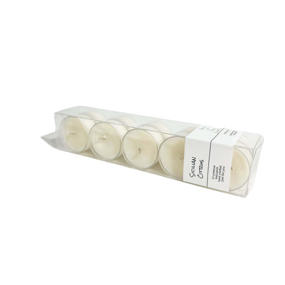 A clear box of 10 soy tea lights with a white label named Sicilian Citrus, on a white background, made by Ebony & Ivory Candle Co in Lethbridge, Alberta, Canada