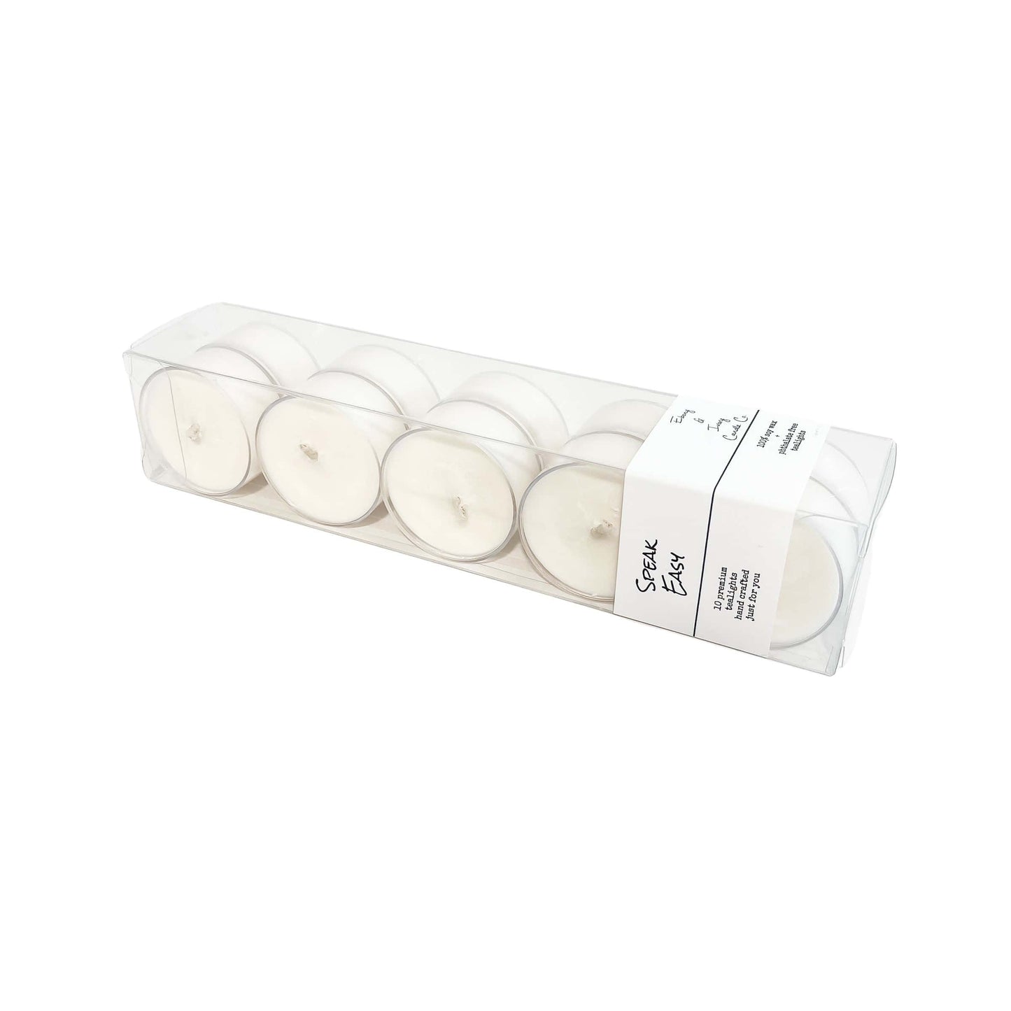 A clear box of 10 soy tea lights with a white label named Speak Easy, on a white background, made by Ebony & Ivory Candle Co in Lethbridge, Alberta, Canada