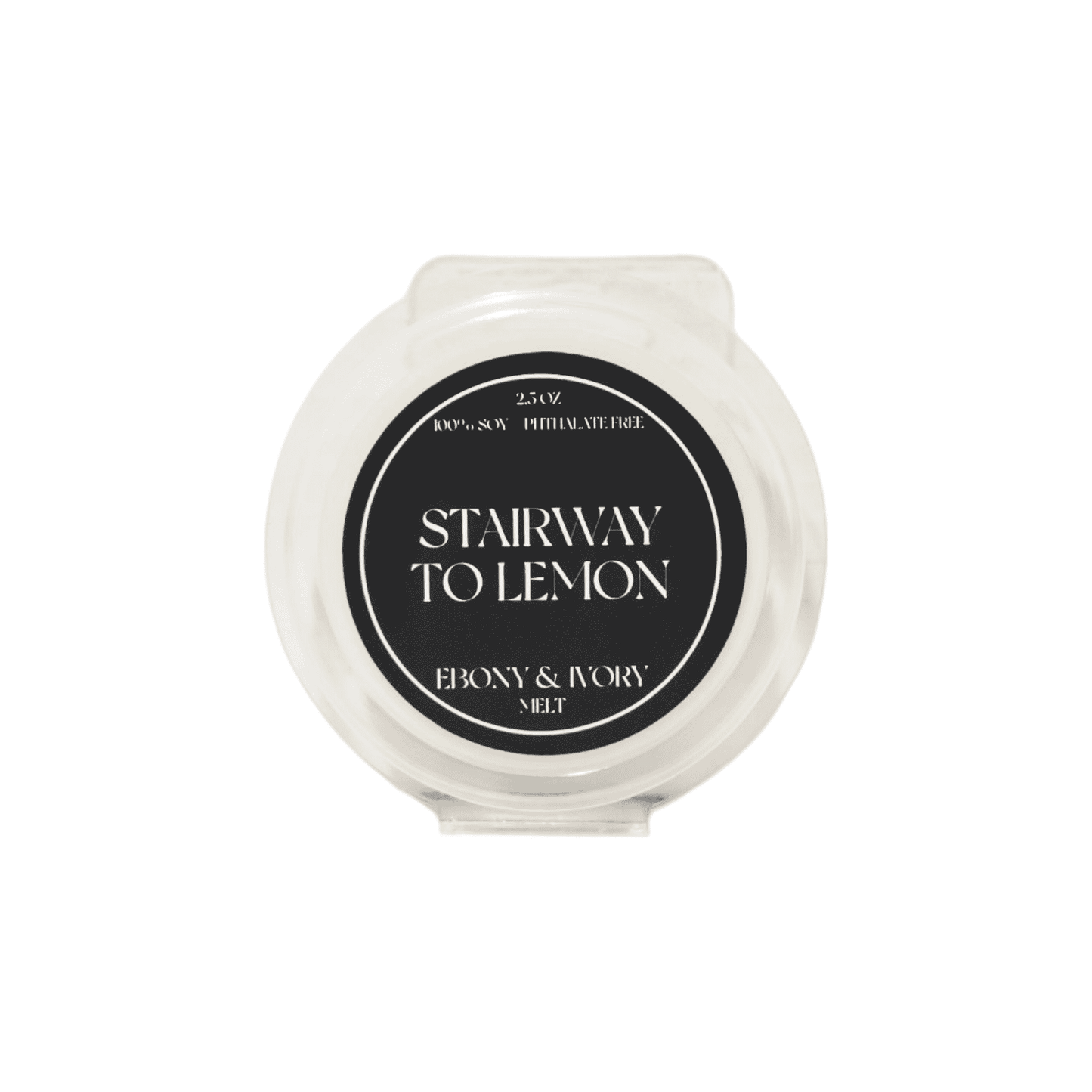 A clear 2.5oz clamshell scented soy wax melt with a black label named Stairway to Lemon, on a white background, made by Ebony & Ivory Candle Co in Lethbridge, Alberta Canada