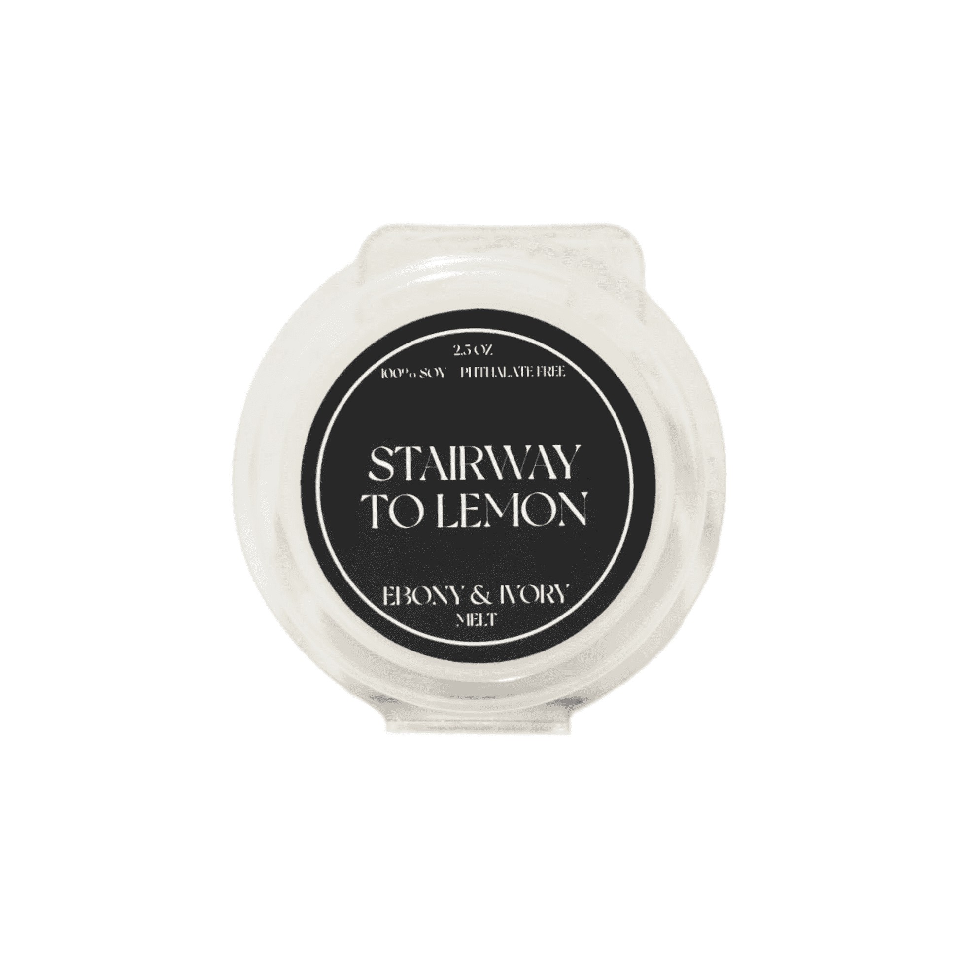 A clear 2.5oz clamshell scented soy wax melt with a black label named Stairway to Lemon, on a white background, made by Ebony & Ivory Candle Co in Lethbridge, Alberta Canada