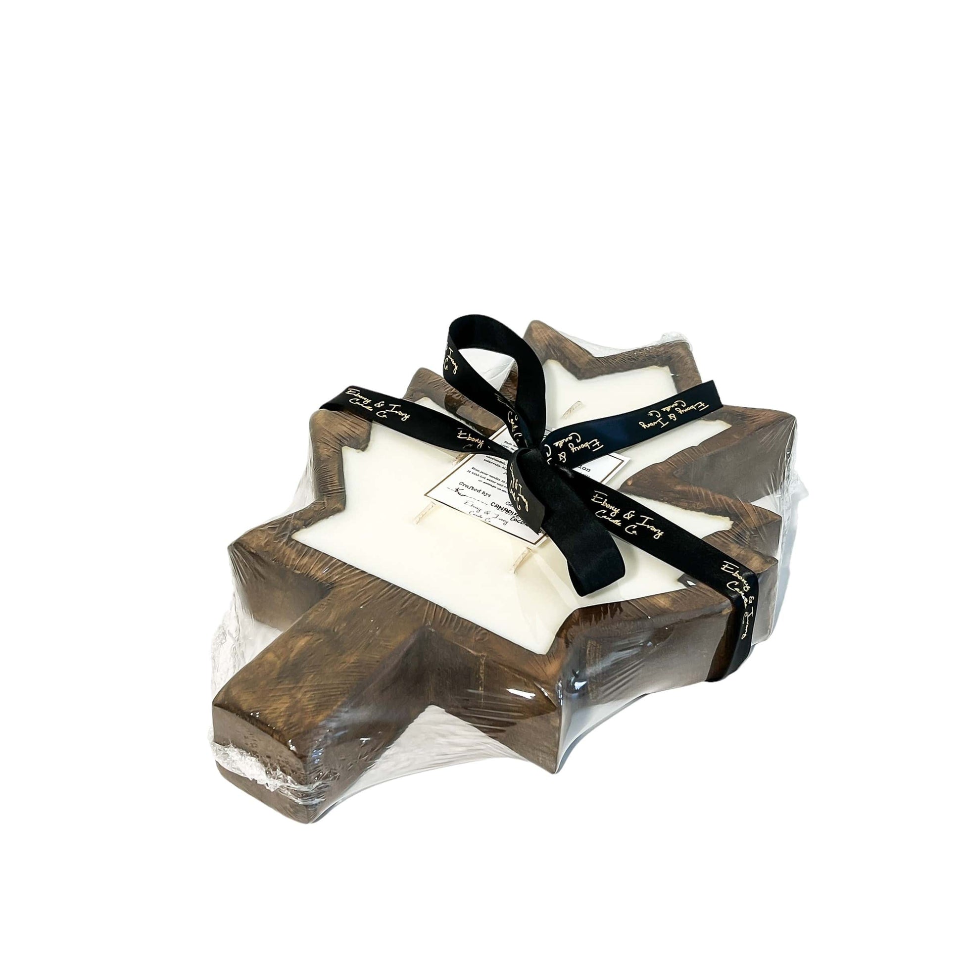 A brown maple leaf 5 wick dough bowl soy candle on a white background, made by Ebony & Ivory Candle Co in Lethbridge, Alberta, Canada