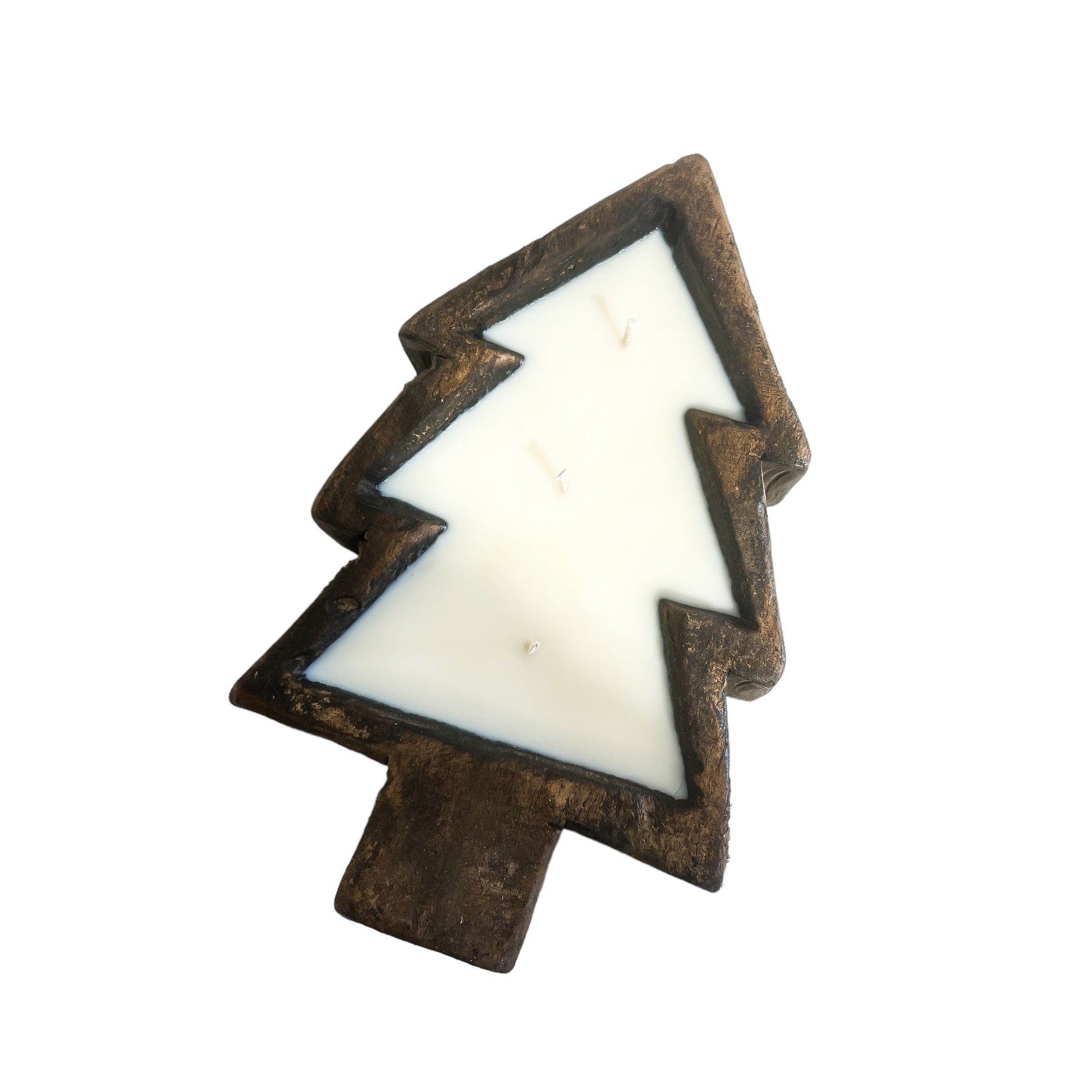 A brown pine tree 3 wick dough bowl soy candle on a white background, made by Ebony & Ivory Candle Co in Lethbridge, Alberta, Canada