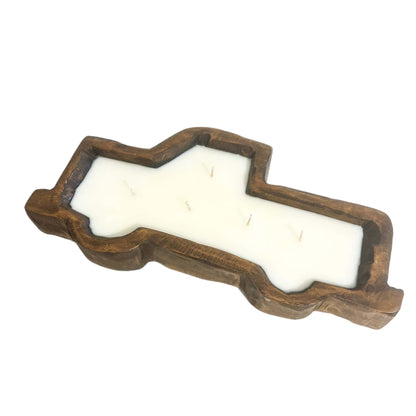 A brown truck shaped 5 wick dough bowl soy candle on a white background, made by Ebony & Ivory Candle Co in Lethbridge, Alberta, Canada