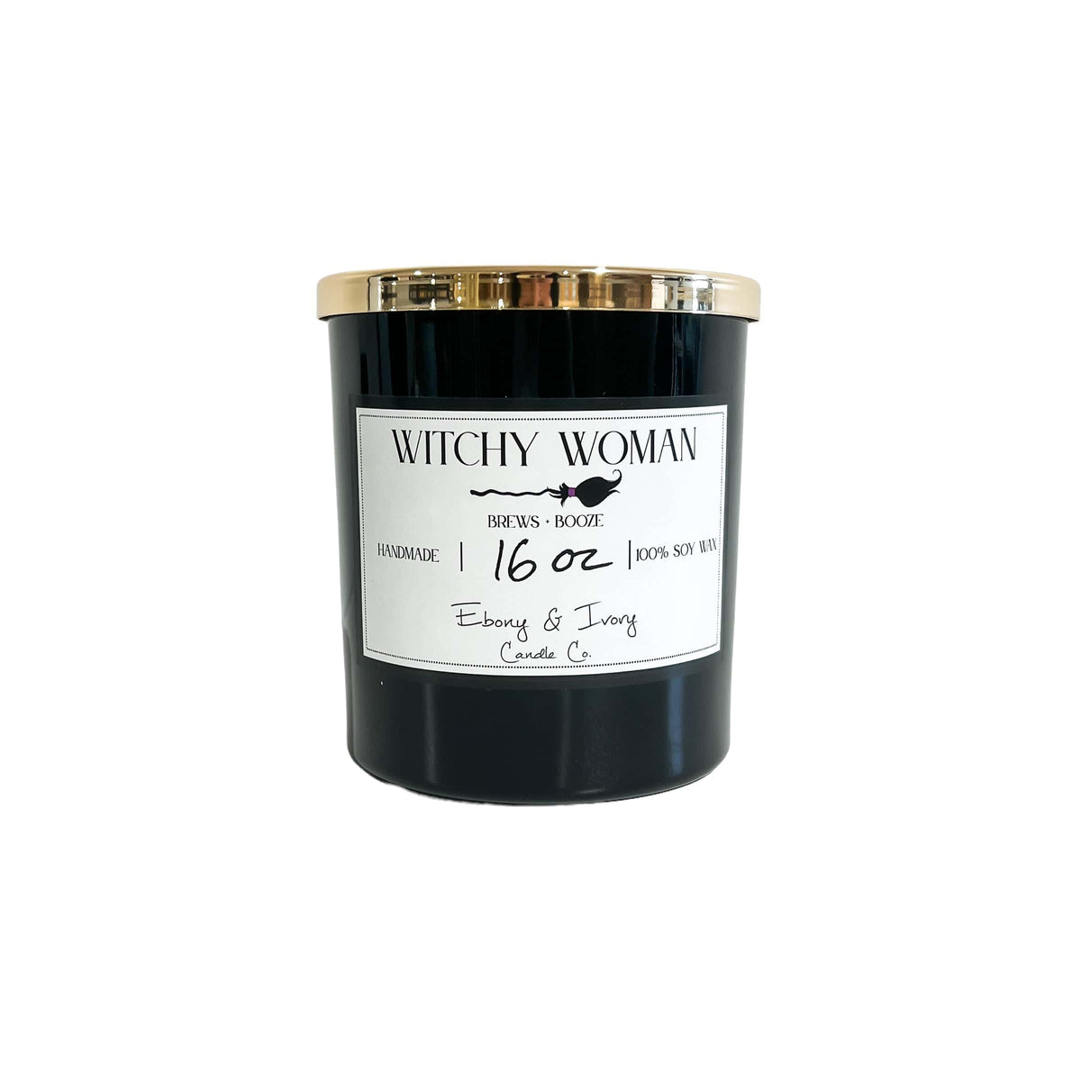 A black 16oz soy candle with a gold label and a white label named Witchy Woman