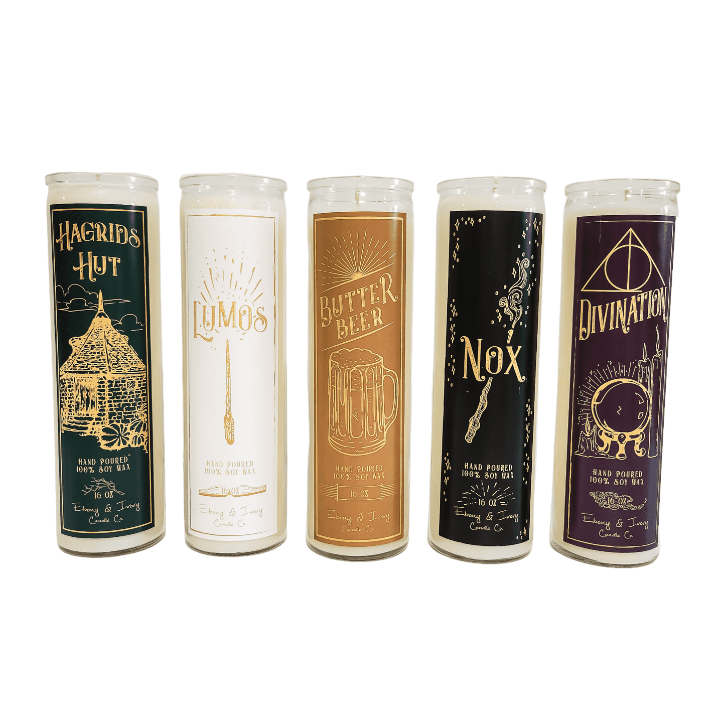 5 tall, clear, 16oz soy candles, one with a green label named Hagrid's Hut, one with a white label named Lumos, one with a gold label named Butter Beer, one with a black label named Nox, and one with a purple label named Divination. All apart of the wizarding candle collection made by Ebony & Ivory Candle Co in Lethbridge, Alberta, Canada
