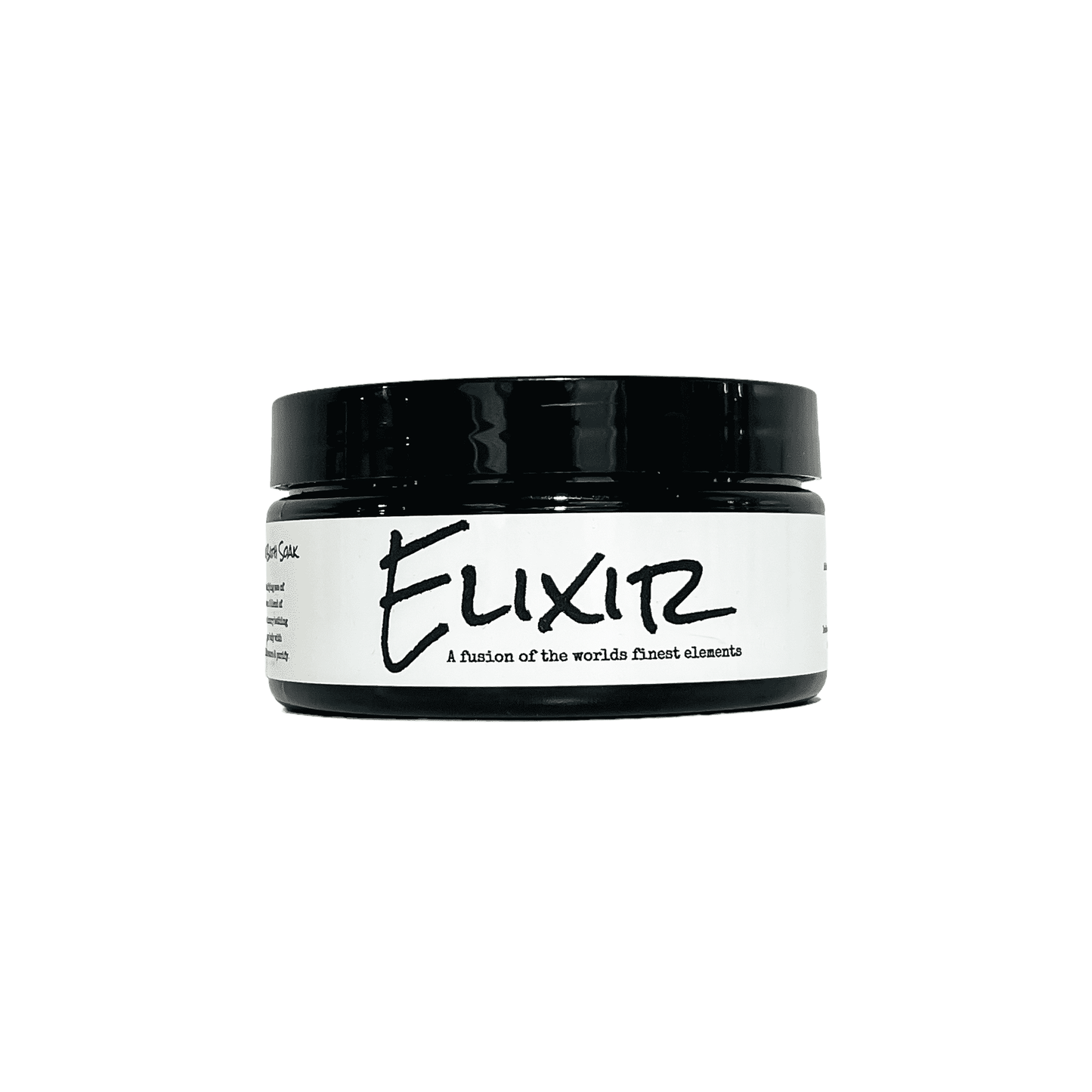 An 8oz Black container with a white label that reads "elixir" and is filled with pink Himalayan salt, dead sea salt, epsom salt, and peppermint essential oils. Made by Ebony & Ivory Candle Co in Lethbridge, Alberta, Canada