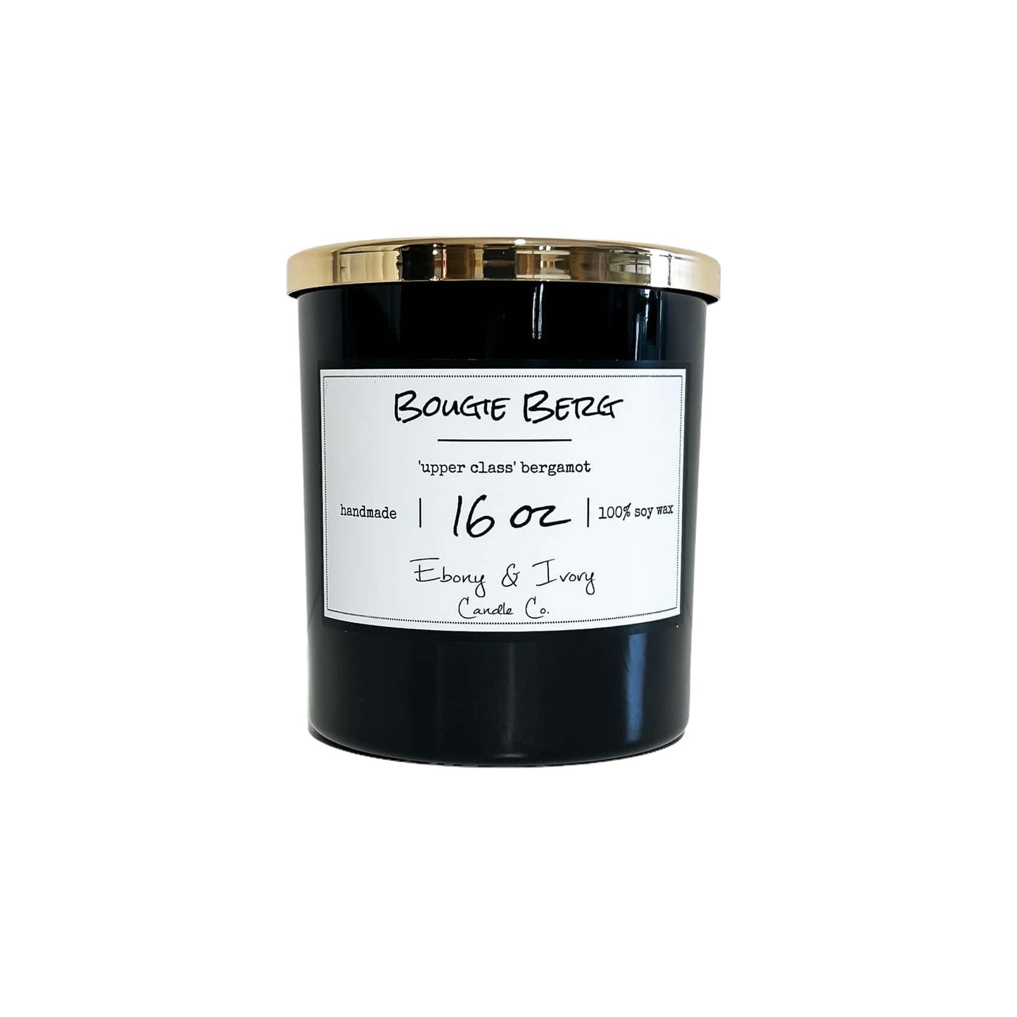 A black 16oz jar soy candle with a gold lid and a white label named Bougie Berg, on a white background, made by Ebony & Ivory Candle Co in Lethbridge, Alberta, Canada