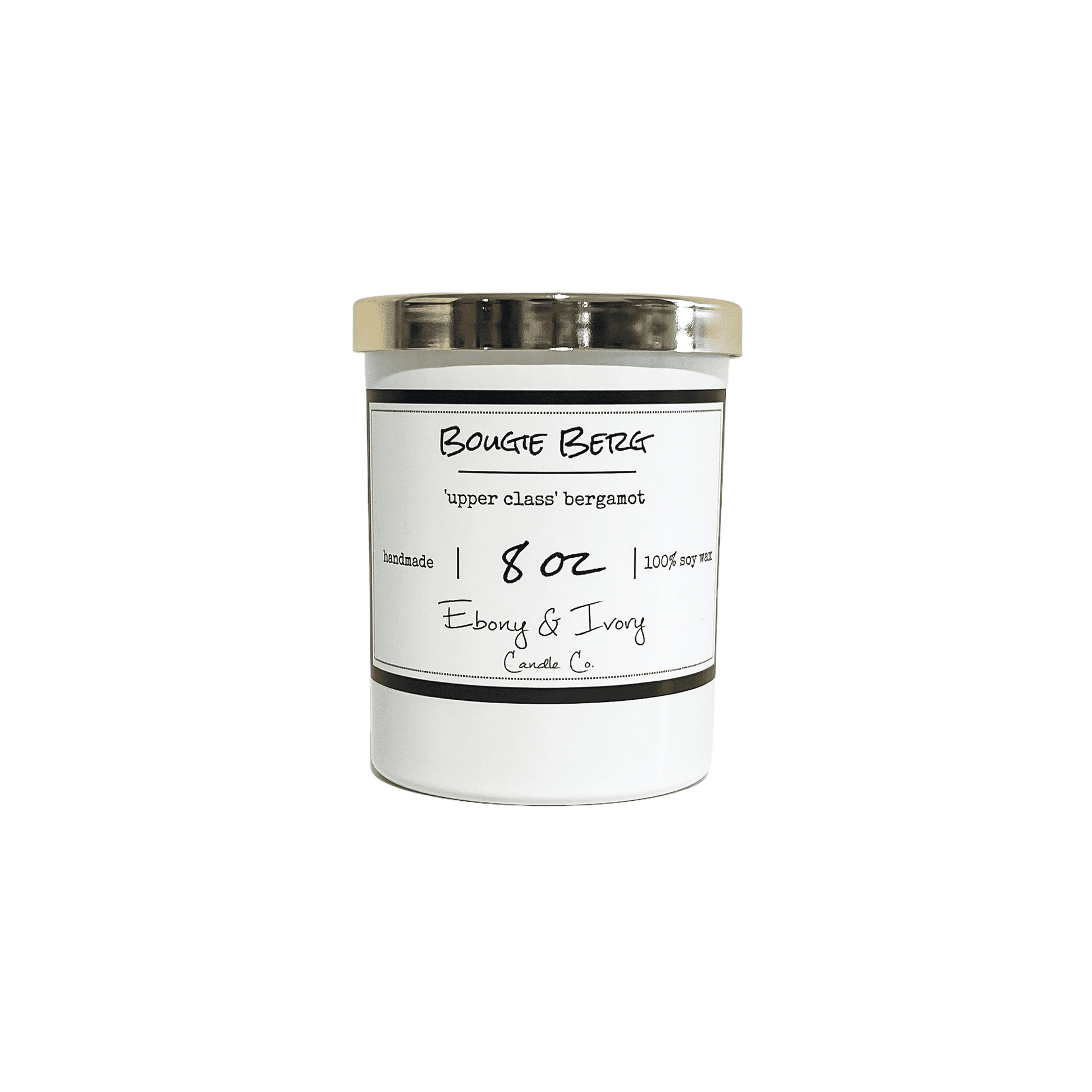 A white 8oz jar soy candle with a gold lid and a white label named Bougie Berg, on a white background, made by Ebony & Ivory Candle Co in Lethbridge, Alberta, Canada