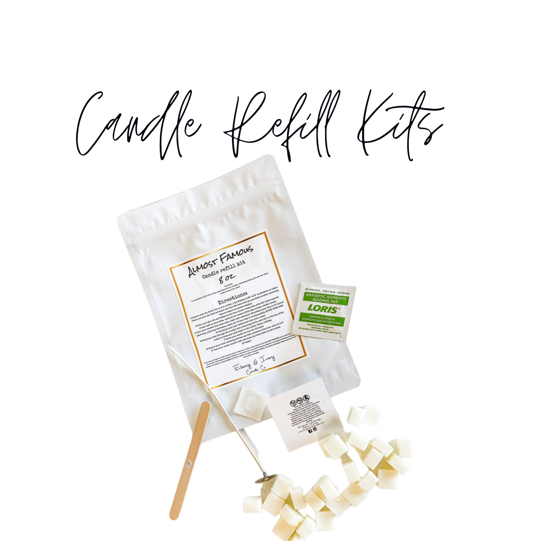 Candle refill kits with a white bag, a wick, scented soy wax cubes, a caution label, a glue dot, and an alcohol wipe