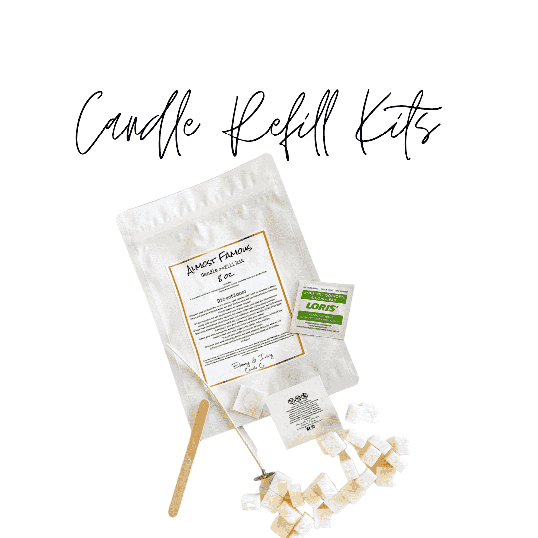 Candle refill kits with a white bag, a wick, scented soy wax cubes, a caution label, a glue dot, and an alcohol wipe