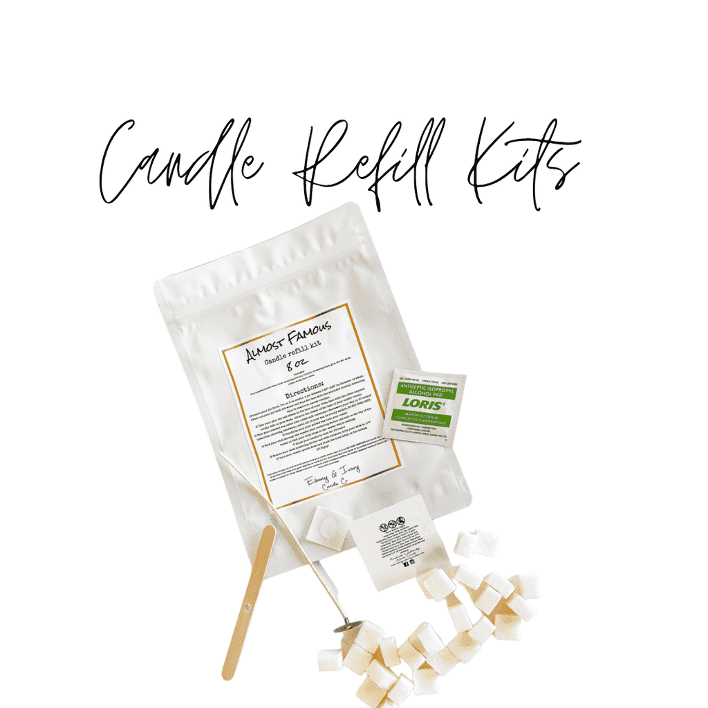 Candle refill kits with a white bag, a wick, scented soy wax cubes, a caution label, a glue dot, and an alcohol wipe