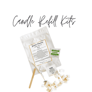 Candle refill kits with a white bag, a wick, scented soy wax cubes, a caution label, a glue dot, and an alcohol wipe