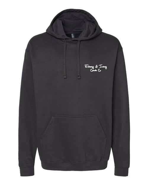 Front of a black, ebony and ivory candle co hoodie