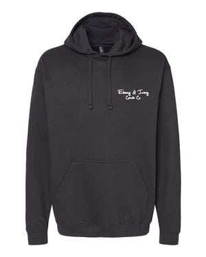 Front of a black, ebony and ivory candle co hoodie