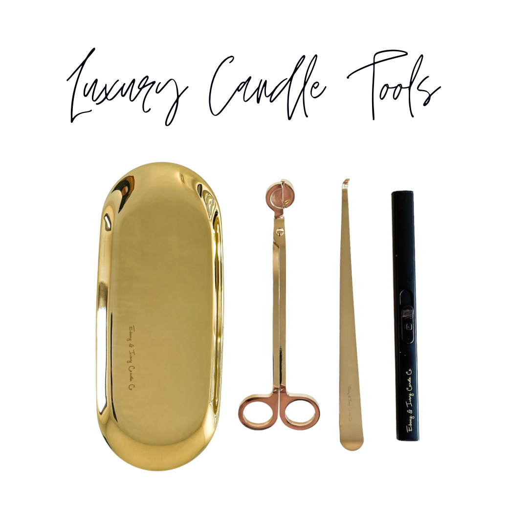 Set of four candle tools, gold tray, gold wick trimmer, gold wick dipper, and a black electric usb chargeable lighter. Black text overtop reads luxury candle tools