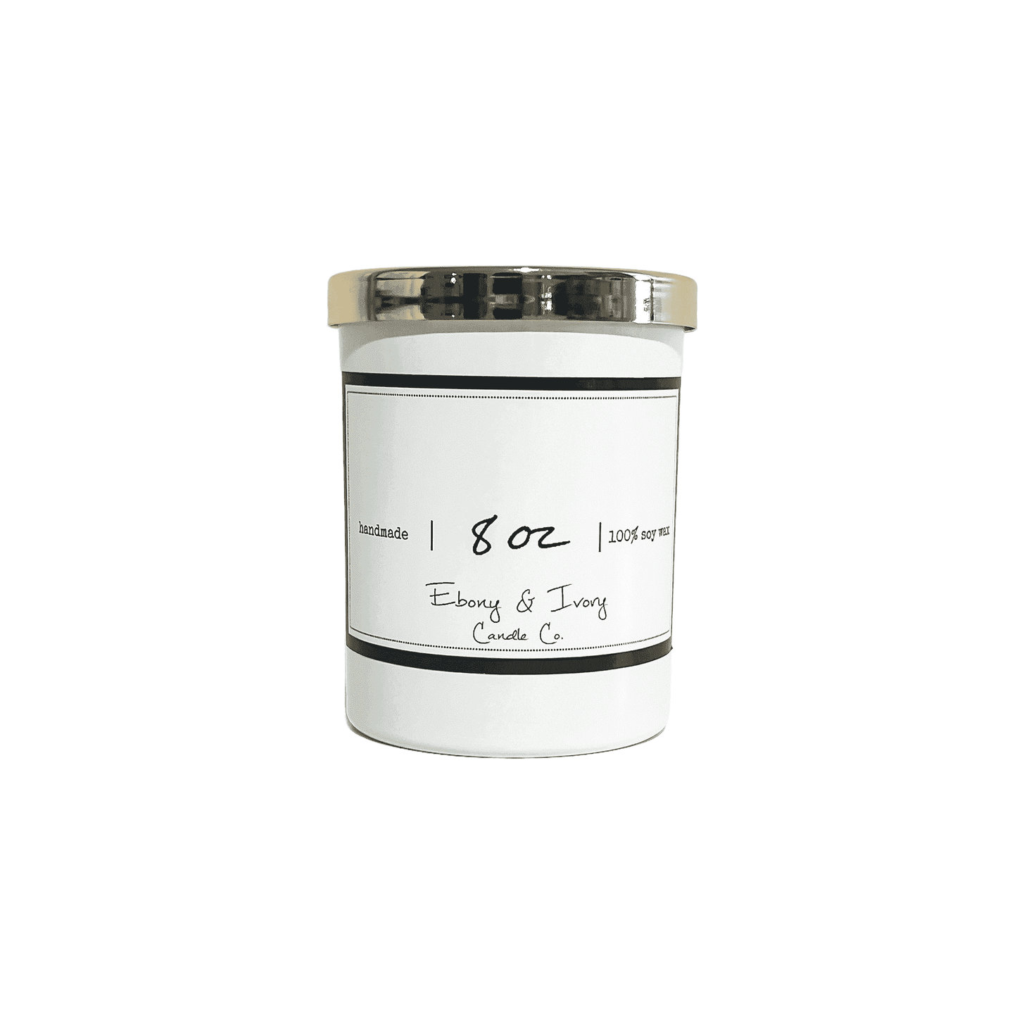 No name soy candle in an 8oz white jar sitting on a white background, made by Ebony & Ivory Candle Co in Lethbridge, Alberta, Canada.