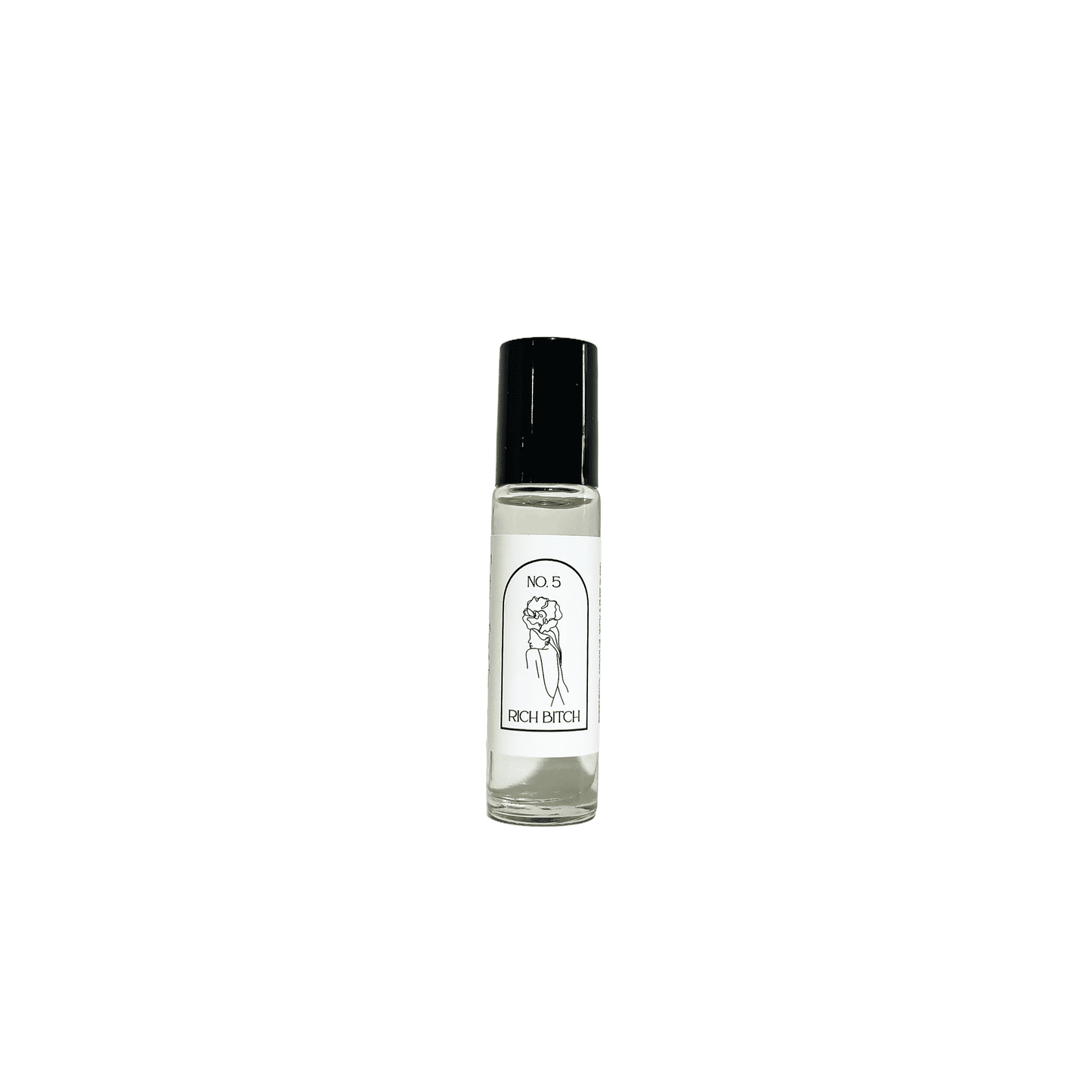 A clear 10ml argan oil roll on, with a black lid and a white label named Rich Bitch, on a white background, made by Ebony & Ivory Candle Co in Lethbridge, Alberta, Canada