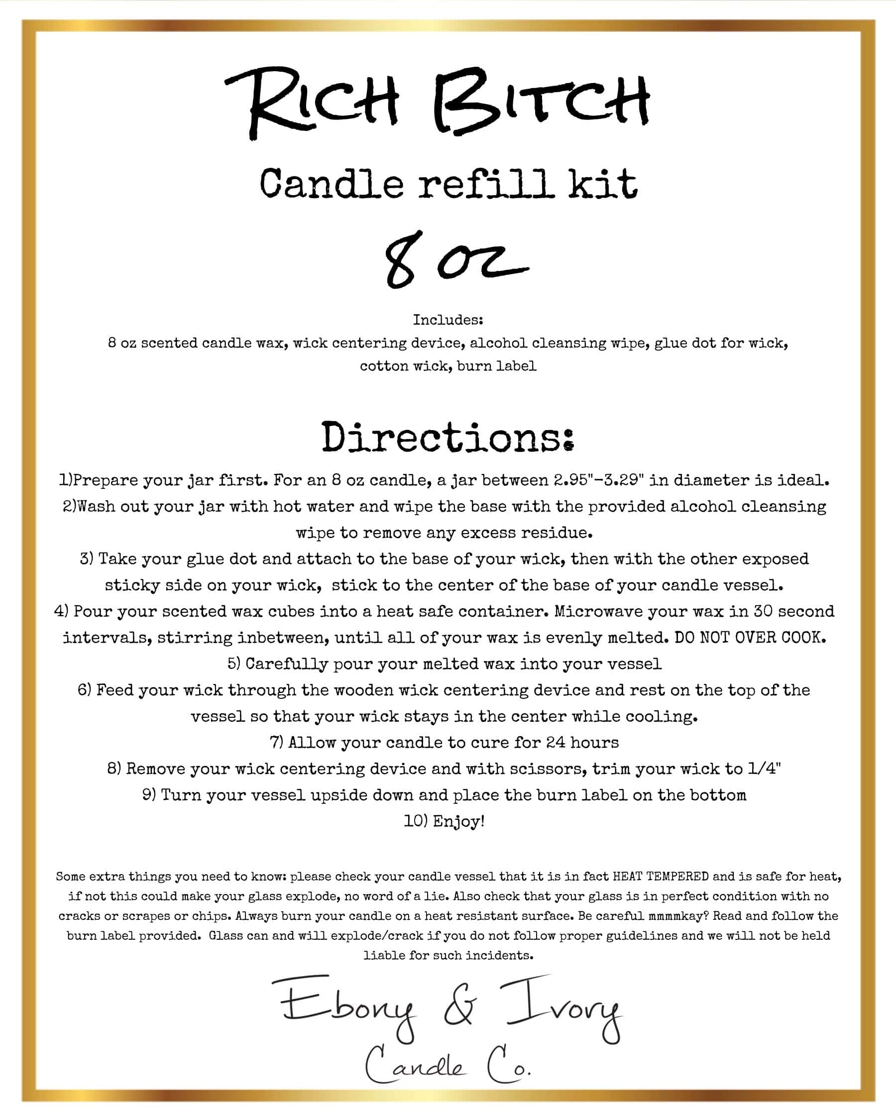 White label with gold trim for an eight ounce Rich Bitch candle refill kits