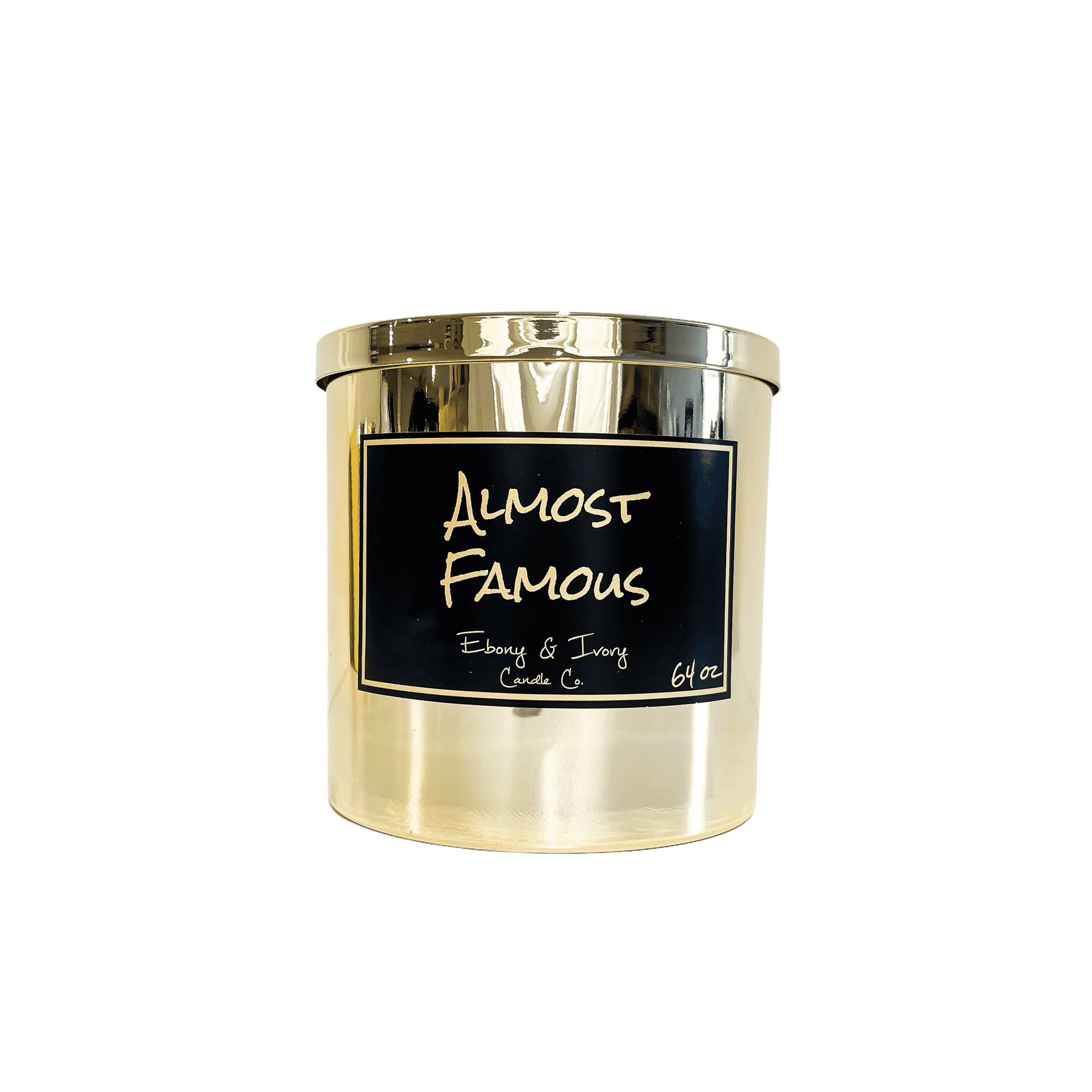 gold sixty four ounce, citrus, jasmine, and woodsy scented soy wax candle with a gold lid and a black label that reads Almost Famous