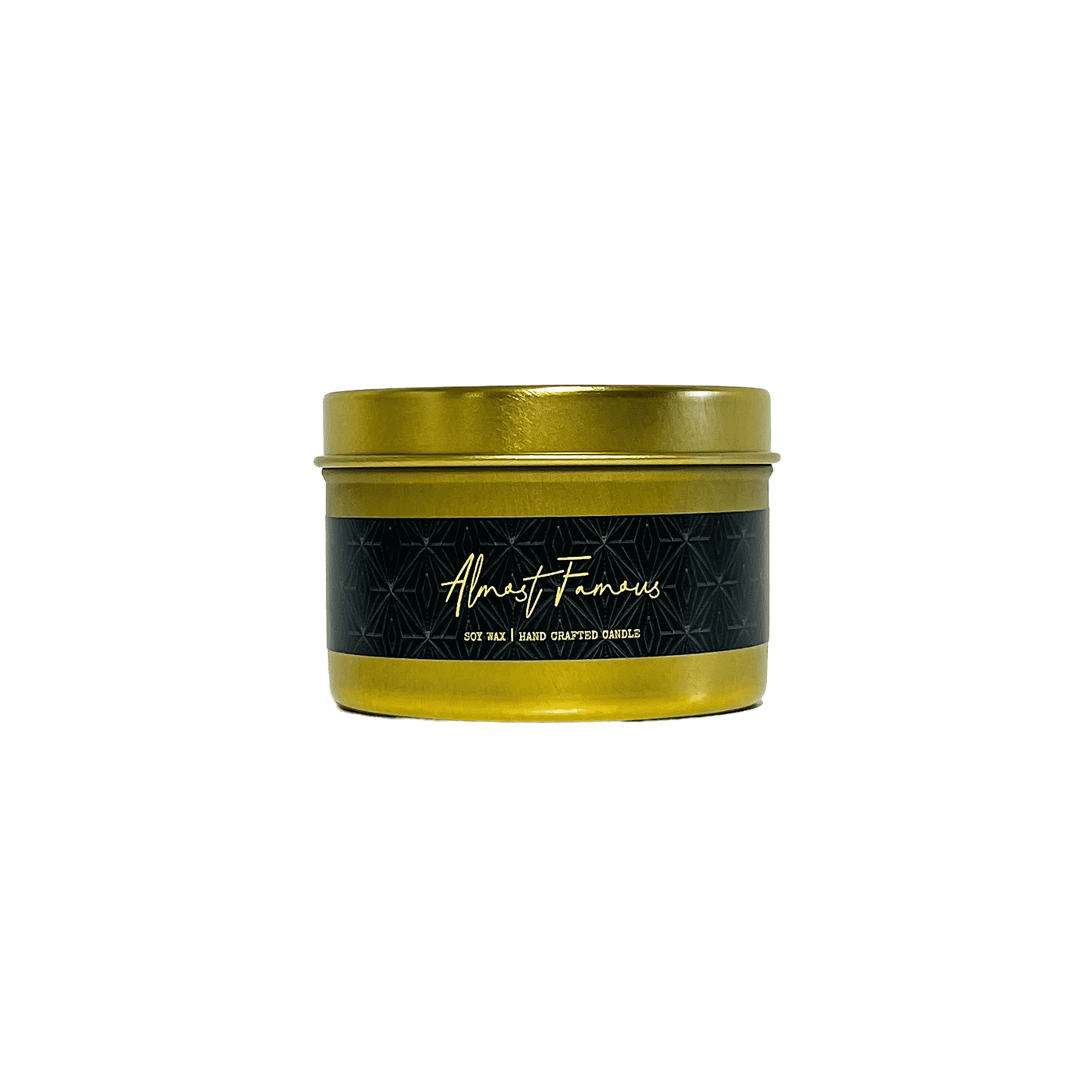 A gold 4oz tin soy candle with a black label and gold lettering named Almost Famous, on a white background, made by Ebony & Ivory Candle Co in Lethbridge, Alberta, Canada
