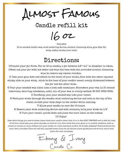White label with gold trim for a sixteen ounce Almost Famous candle refill kits