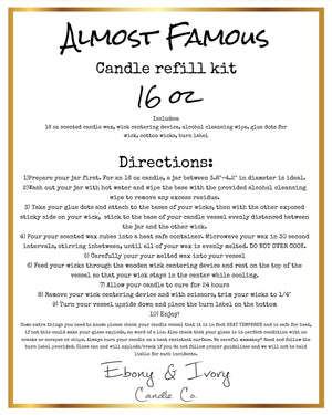 White label with a gold border for a sixteen ounce candle refill kit for Almost Famous