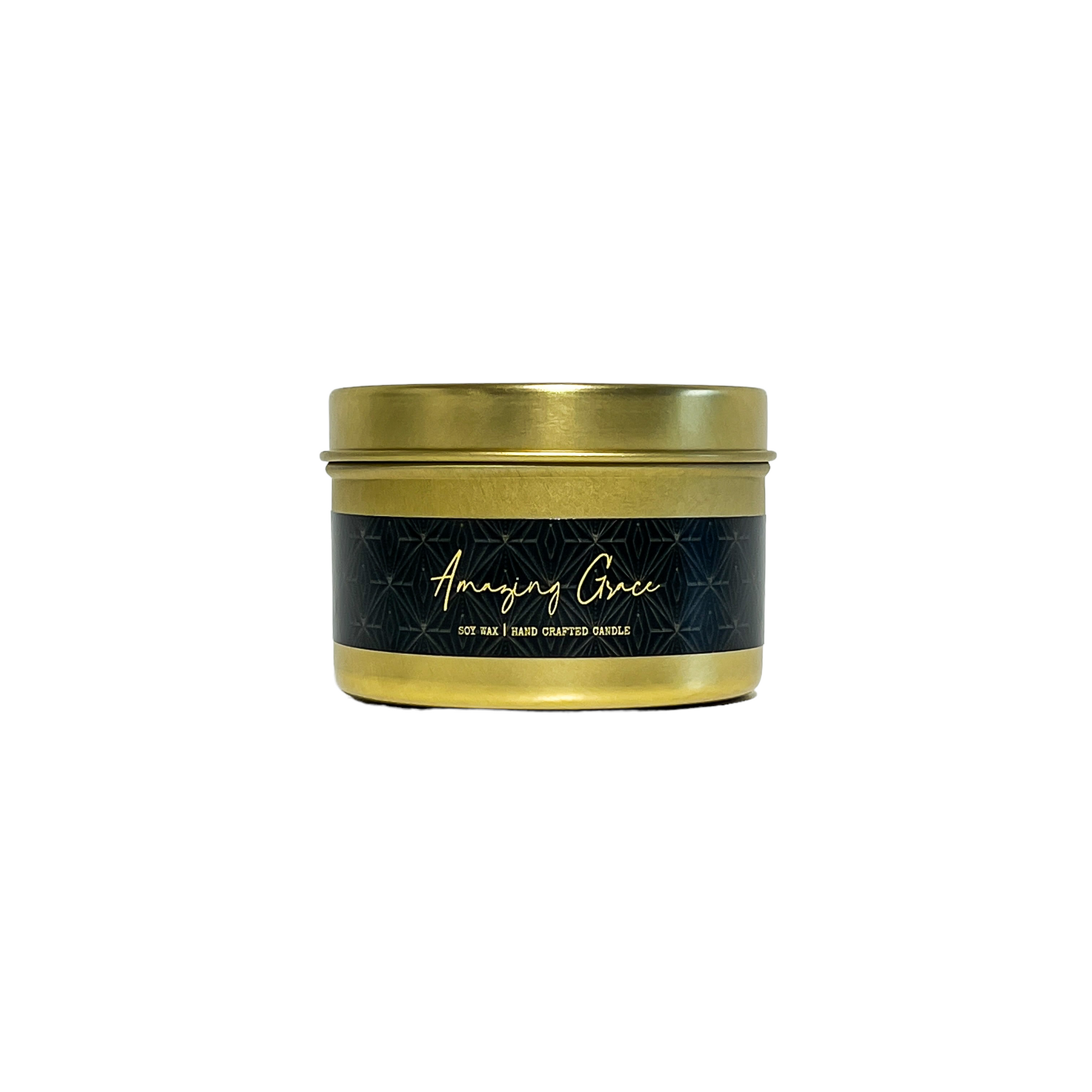 Gold, four ounce tin, soy wax candle with black label that reads Amazing Grace