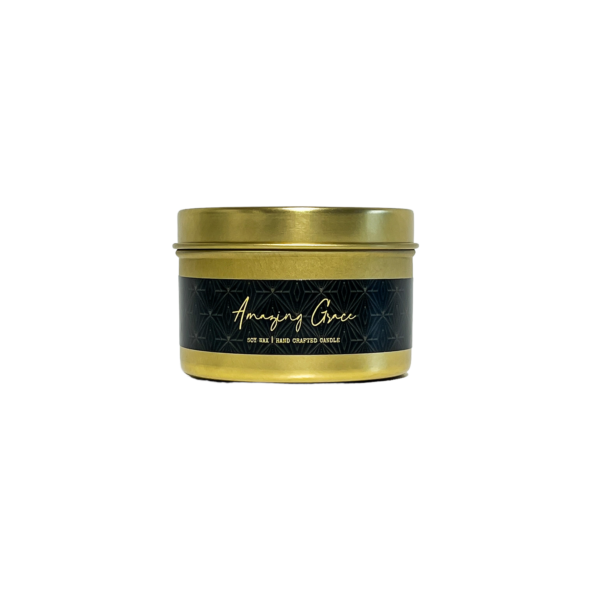 Gold, four ounce tin, soy wax candle with black label that reads Amazing Grace