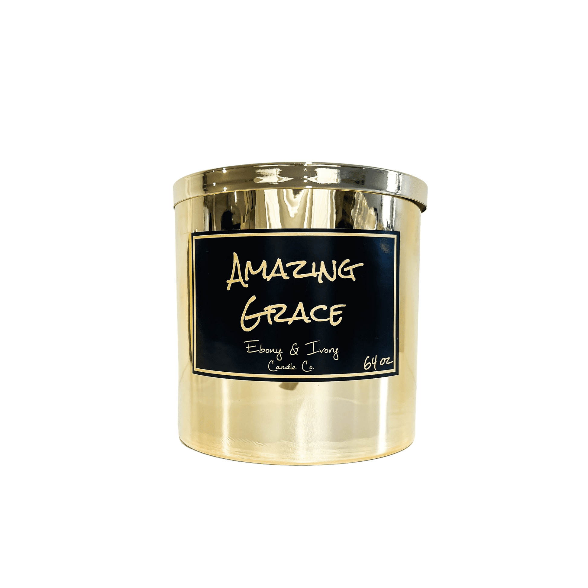 gold sixty four ounce, lavender cedar, and cardamom scented soy wax candle with a gold lid and a black label that reads Amazing Grace