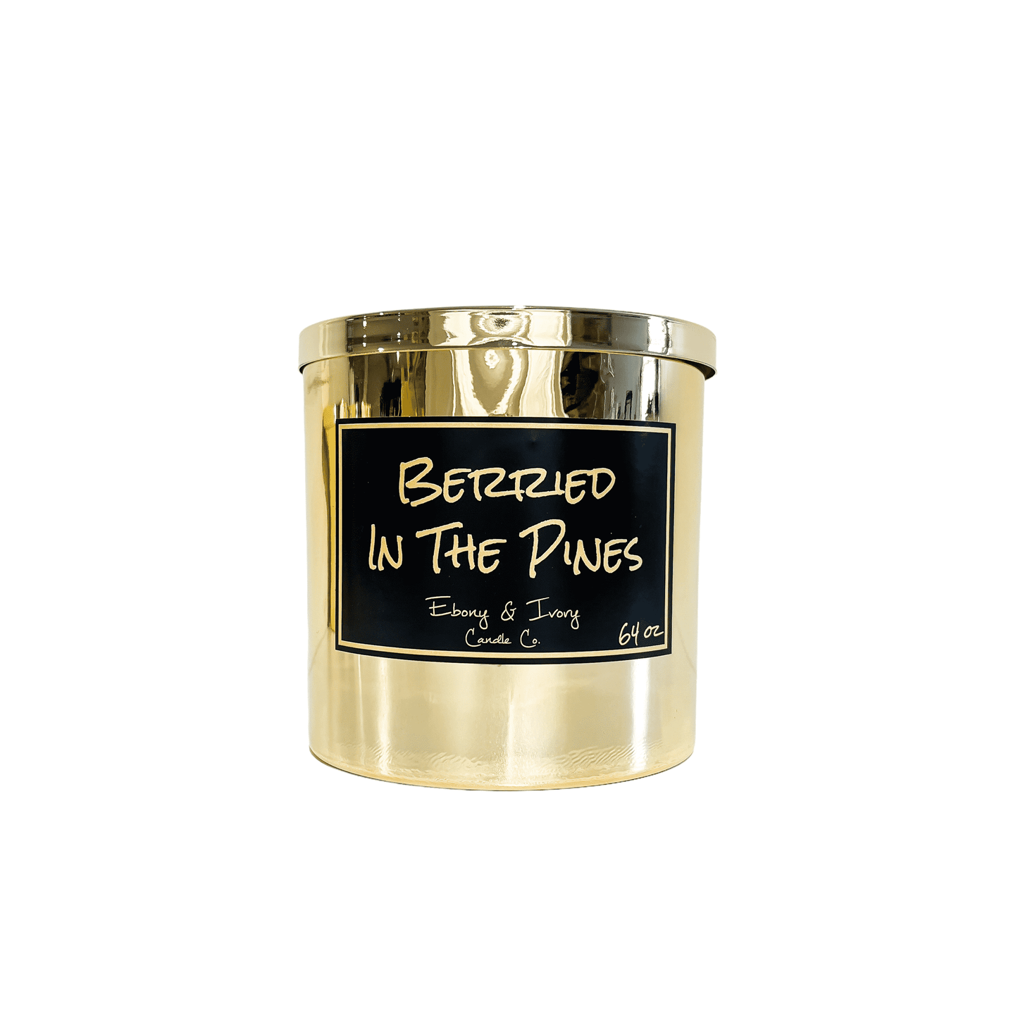 Gold, sixty four, blue spruce and huckleberry scented soy wax candle with a gold lid and a black label that reads Berried in the Pines