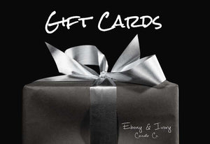 Black and white, ebony and ivory candle co gift box. White text above reads Gift cards