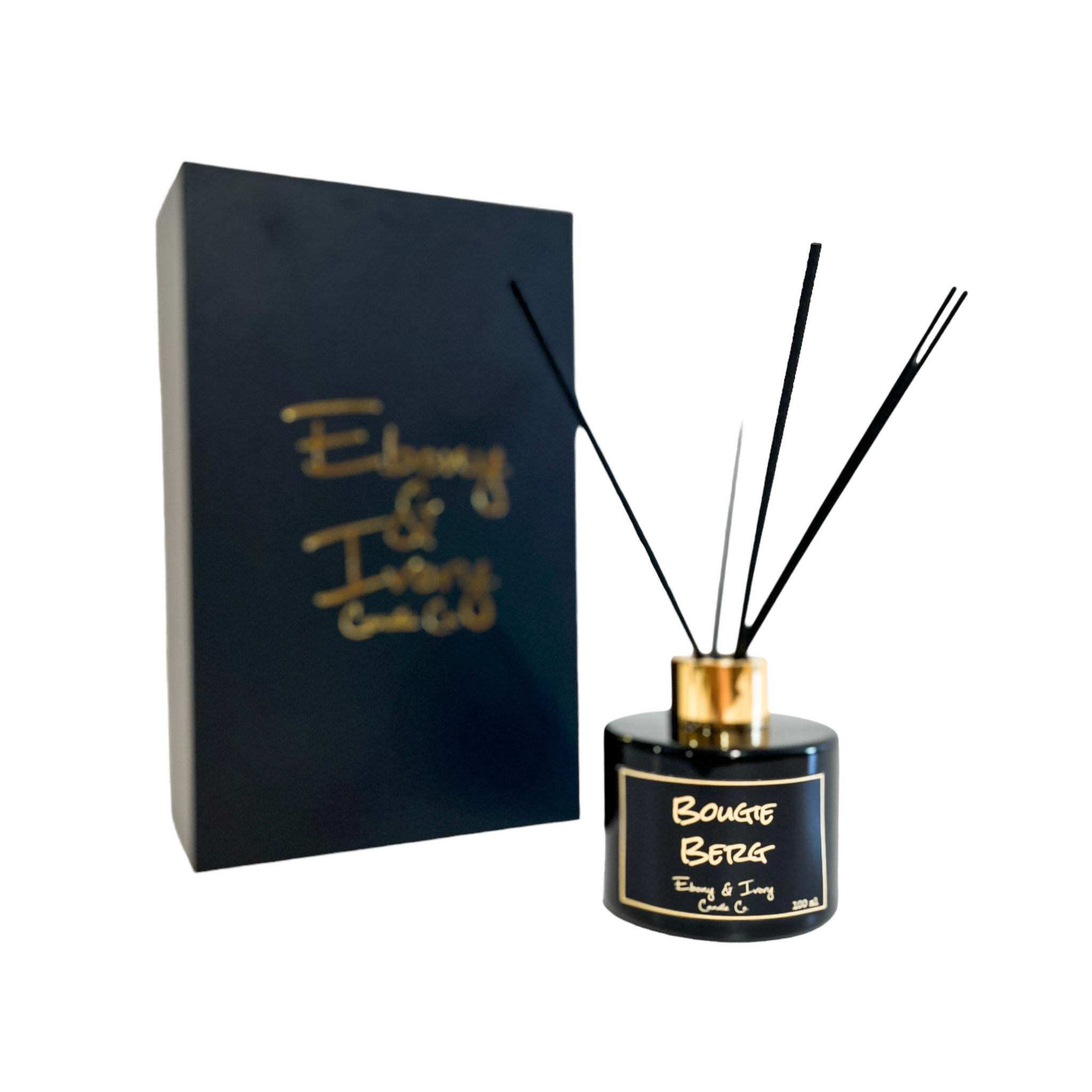 Black, one hundred milliliters, bergamot, sugared citrus, and sandalwood scented reed diffuser with a gold lid and a black label that reads Bougie Berg