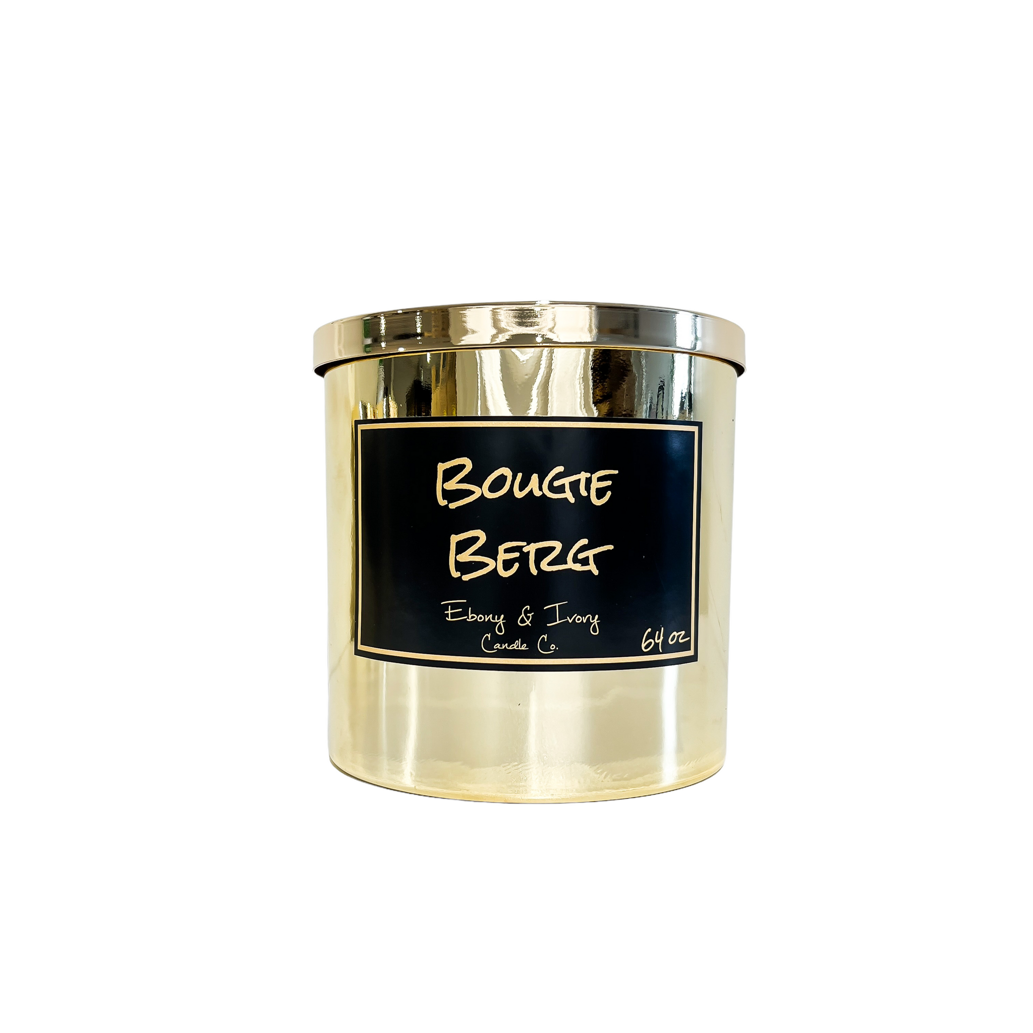 Gold, sixty four ounces, bergamot, sugared citrus, and sandalwood scented soy wax candle with a gold lid and a black label that reads Bougie Berg