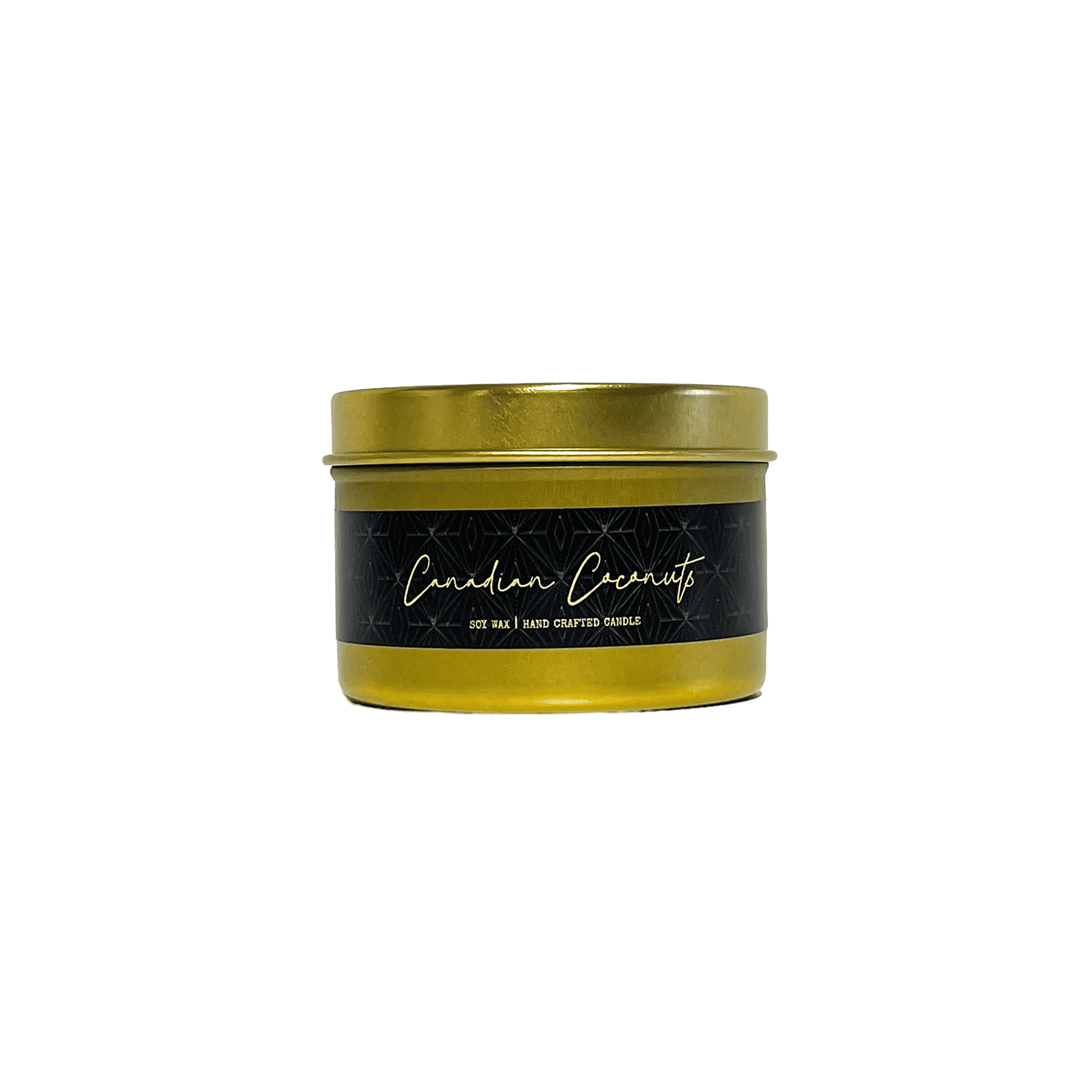 Gold, four ounce tin, soy wax candle with black label that reads Canadian Coconuts