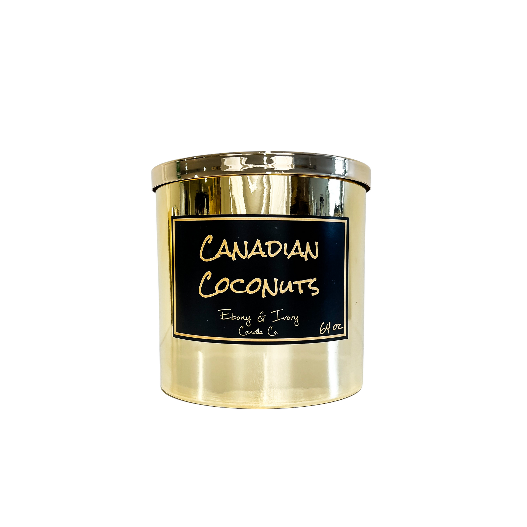Gold, sixty four ounce, coconut, pineapple, and vanilla scented soy wax candle with a gold lid and a black label that reads Canadian Coconuts